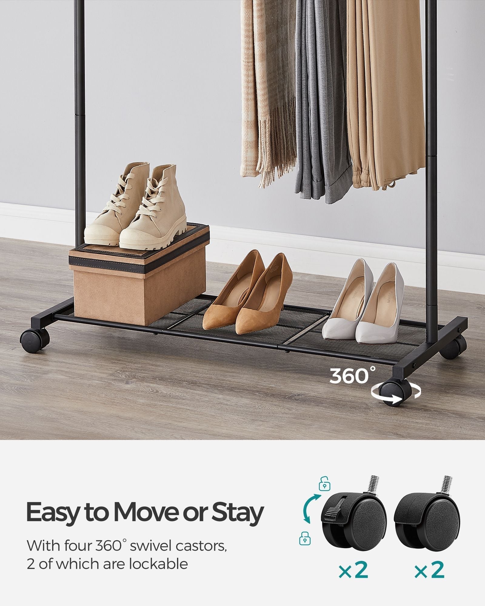 Double-Rod Clothes Rail - Metal - Black - Mobile with Storage Shelf and Lockable Wheels