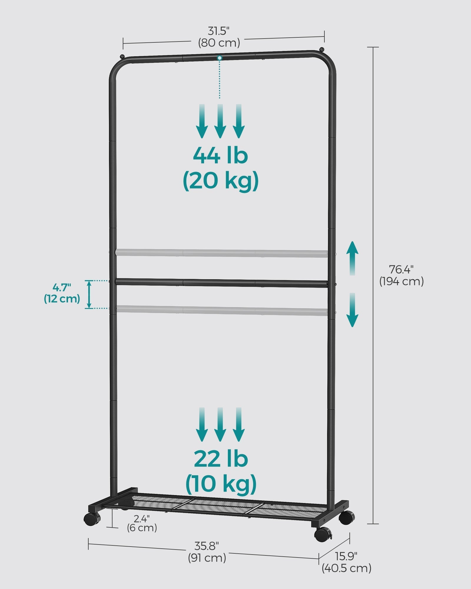 Double-Rod Clothes Rail - Metal - Black - Mobile with Storage Shelf and Lockable Wheels