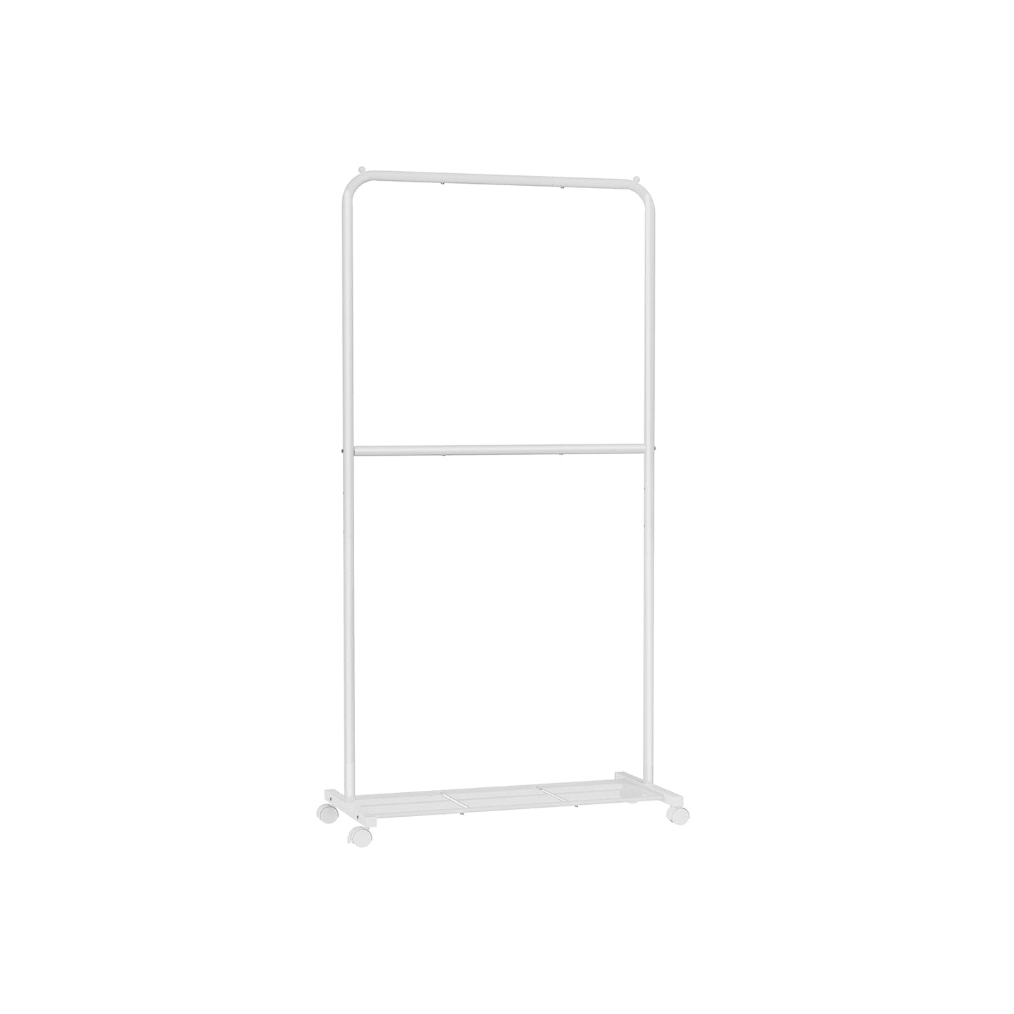 Double-Rod Clothes Rail - Metal - White - Mobile with Storage Shelf and Lockable Wheels