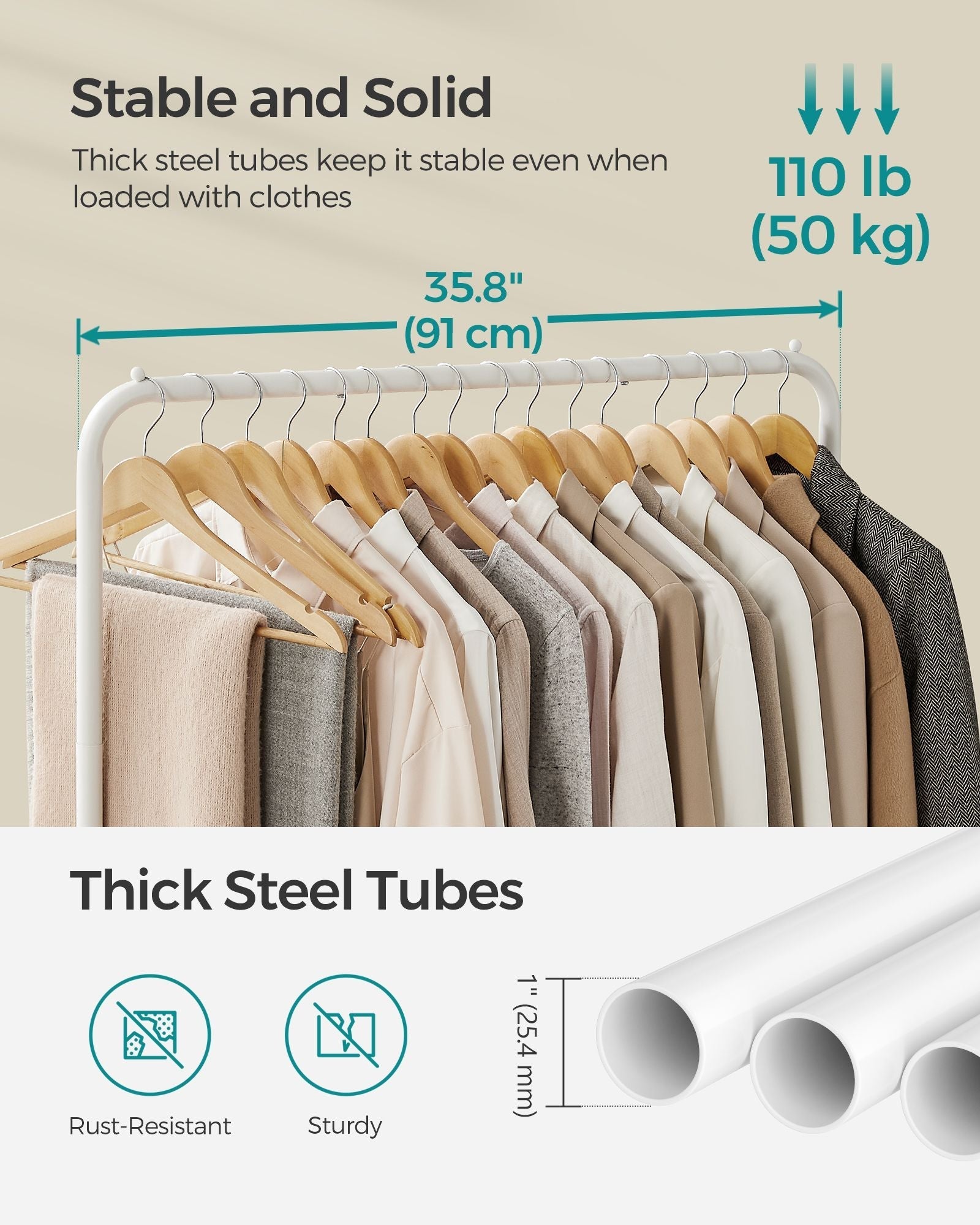 Double-Rod Clothes Rail - Metal - White - Mobile with Storage Shelf and Lockable Wheels