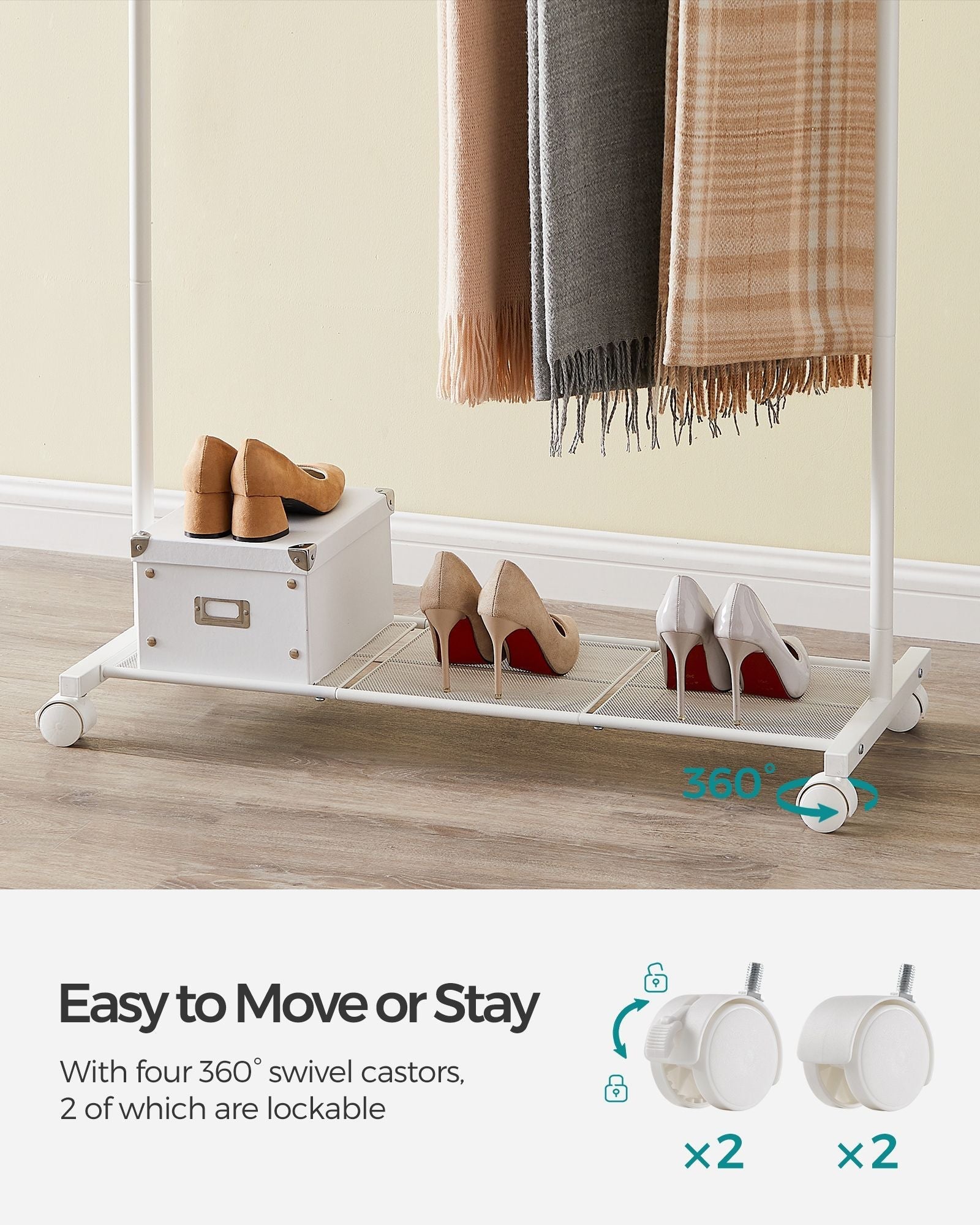 Double-Rod Clothes Rail - Metal - White - Mobile with Storage Shelf and Lockable Wheels