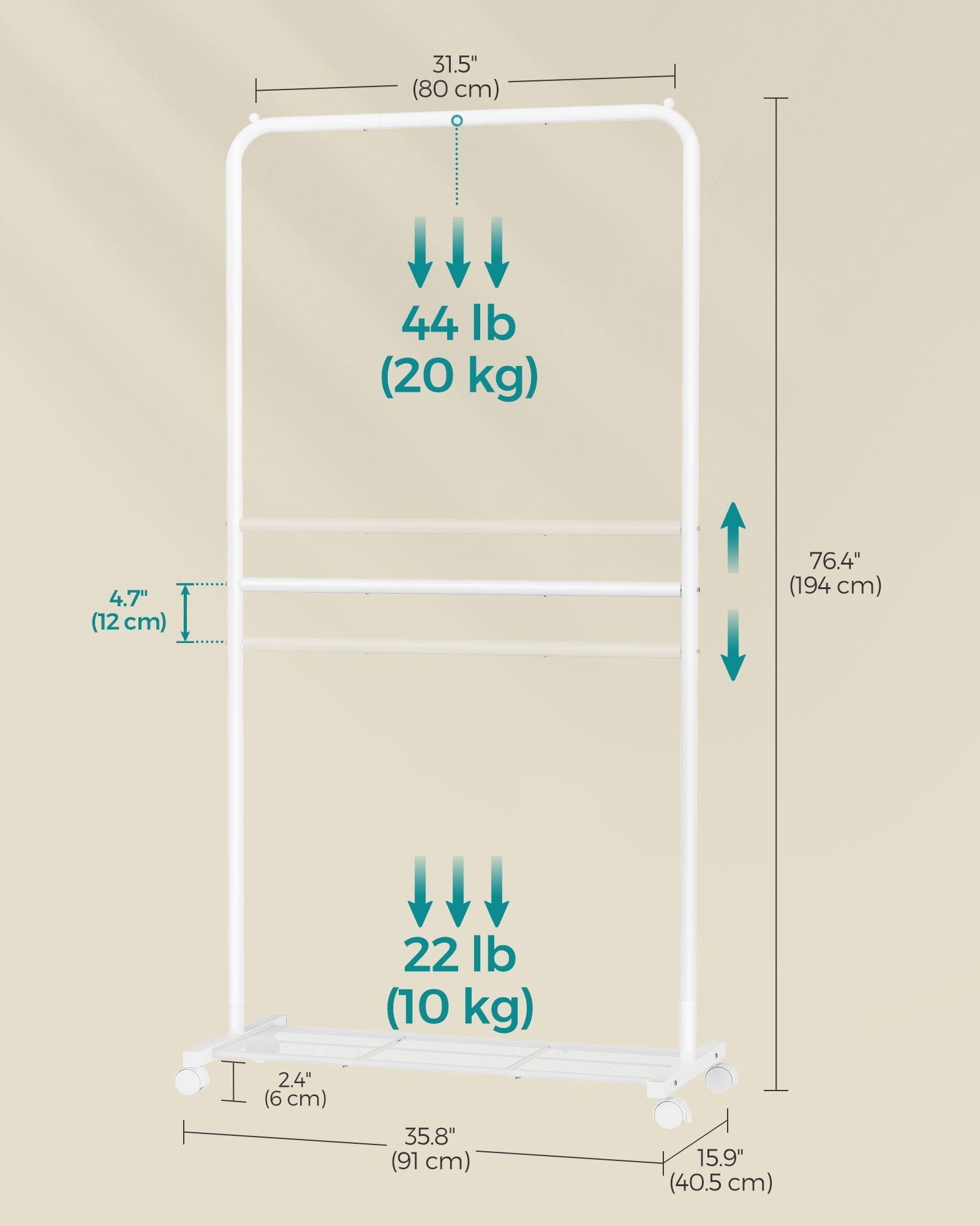 Double-Rod Clothes Rail - Metal - White - Mobile with Storage Shelf and Lockable Wheels
