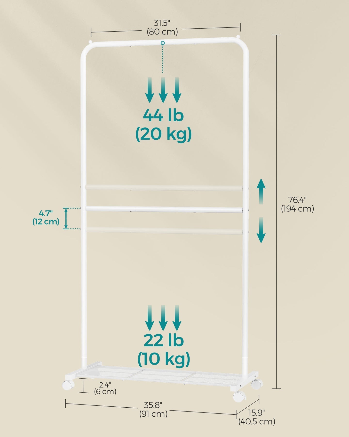 Double-Rod Clothes Rail - Metal - White - Mobile with Storage Shelf and Lockable Wheels