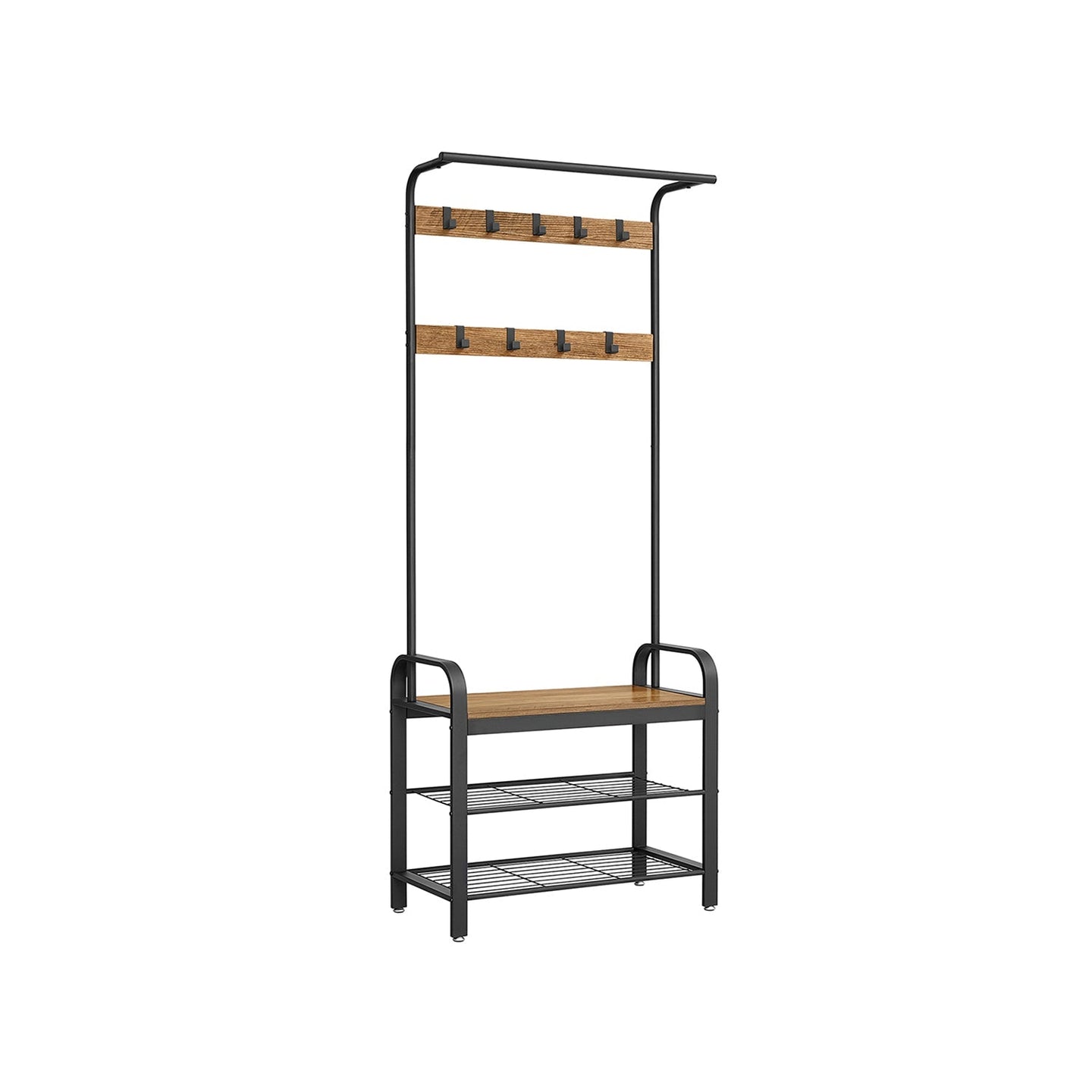 Coat Stand with Shoe Storage Bench - Steel - Rustic Walnut and Black - Free Standing with Removable Hooks