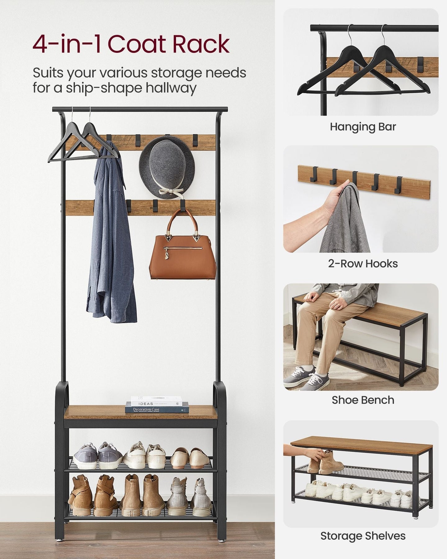 Coat Stand with Shoe Storage Bench - Steel - Rustic Walnut and Black - Free Standing with Removable Hooks