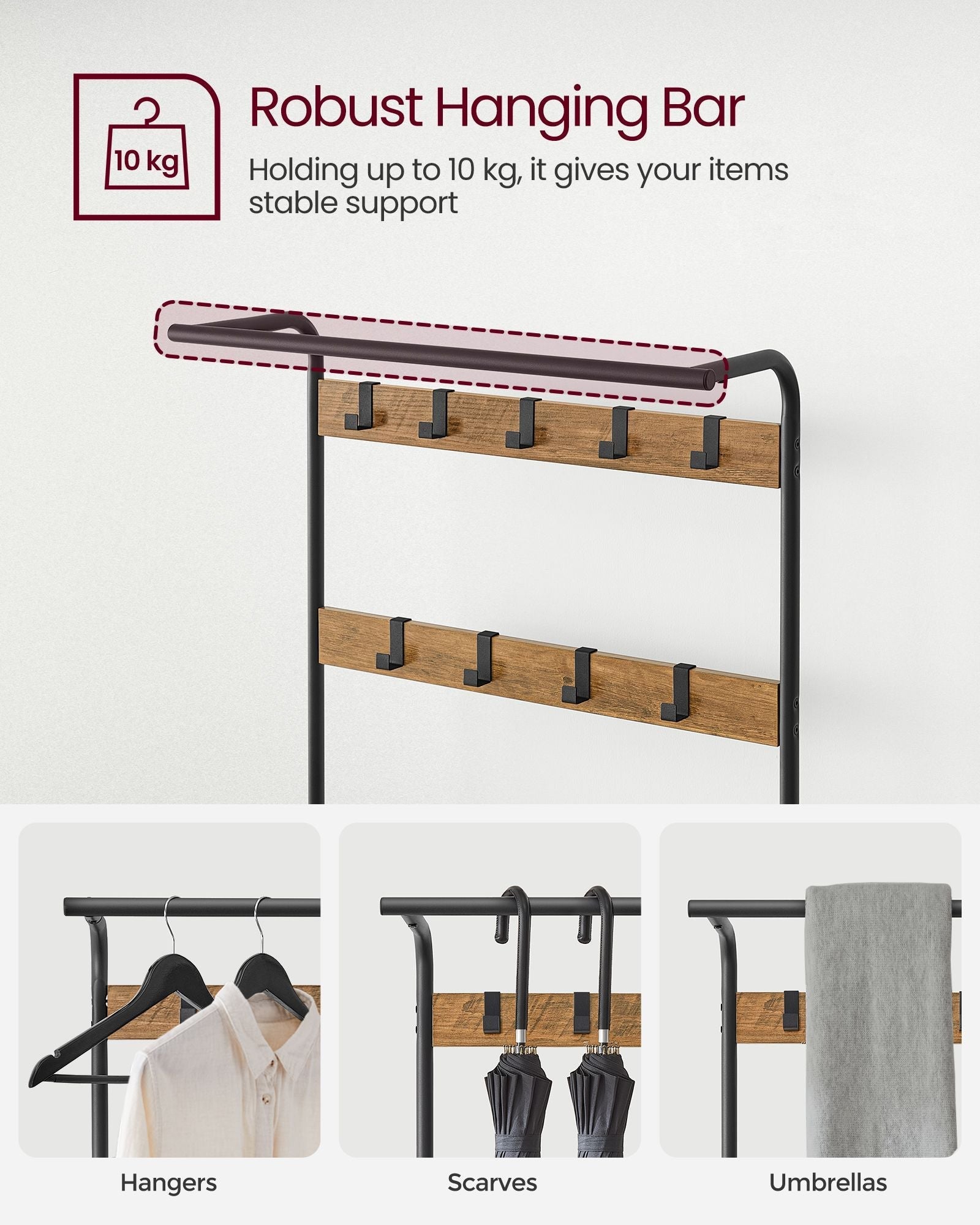 Coat Stand with Shoe Storage Bench - Steel - Rustic Walnut and Black - Free Standing with Removable Hooks