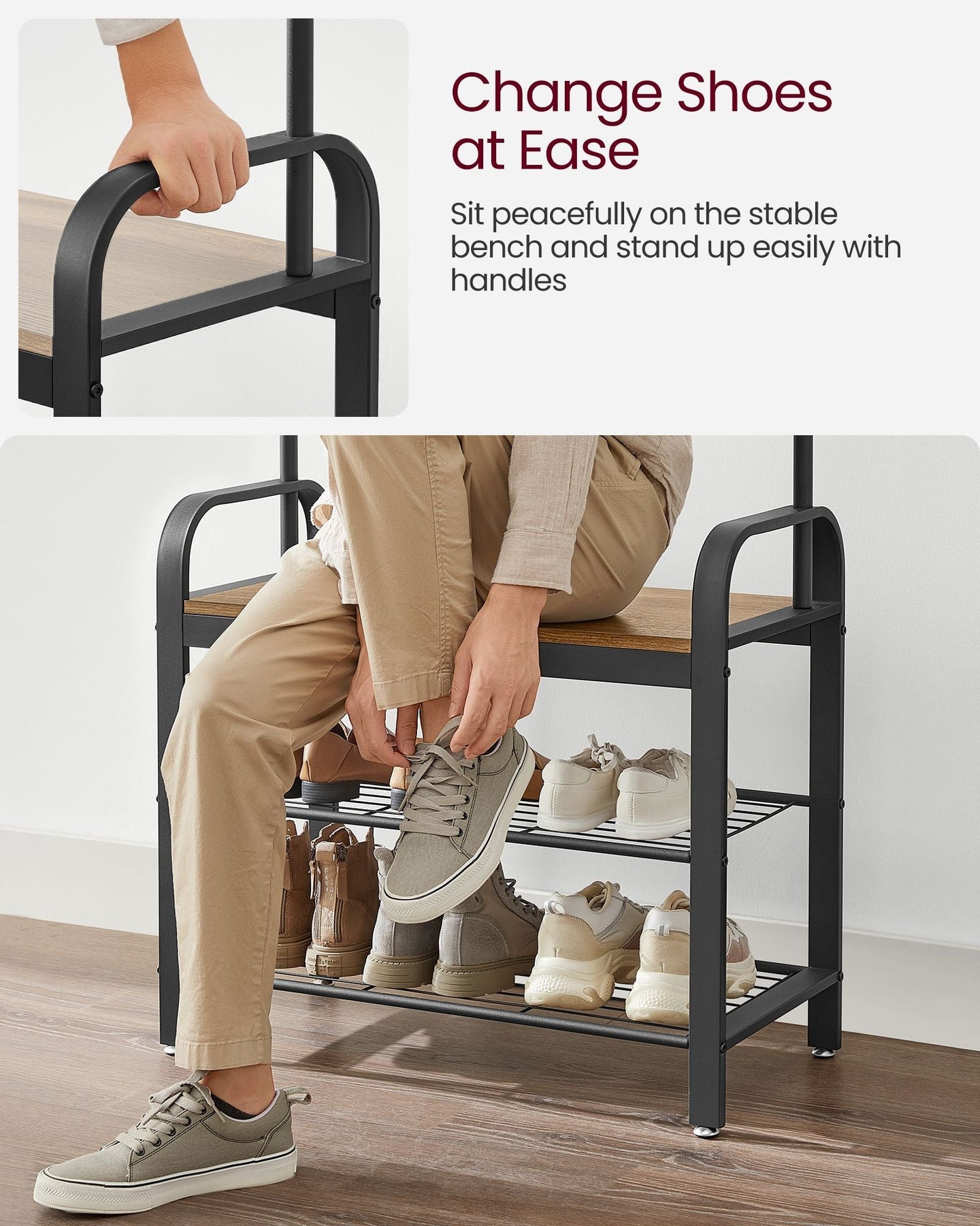 Coat Stand with Shoe Storage Bench - Steel - Rustic Walnut and Black - Free Standing with Removable Hooks