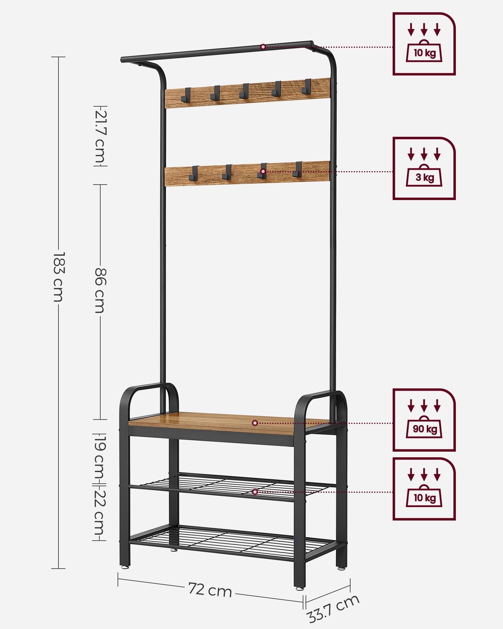 Coat Stand with Shoe Storage Bench - Steel - Rustic Walnut and Black - Free Standing with Removable Hooks