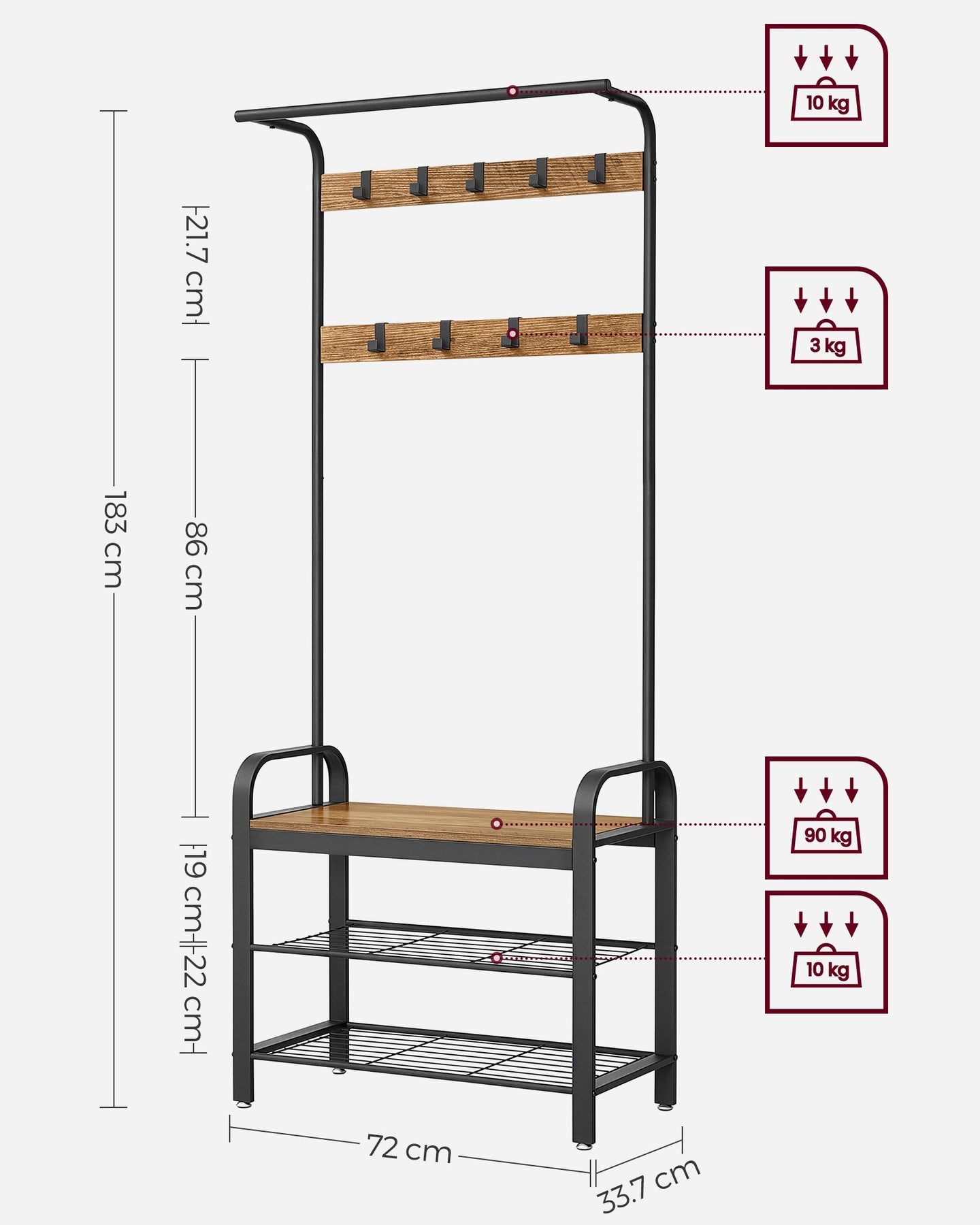 Coat Stand with Shoe Storage Bench - Steel - Rustic Walnut and Black - Free Standing with Removable Hooks
