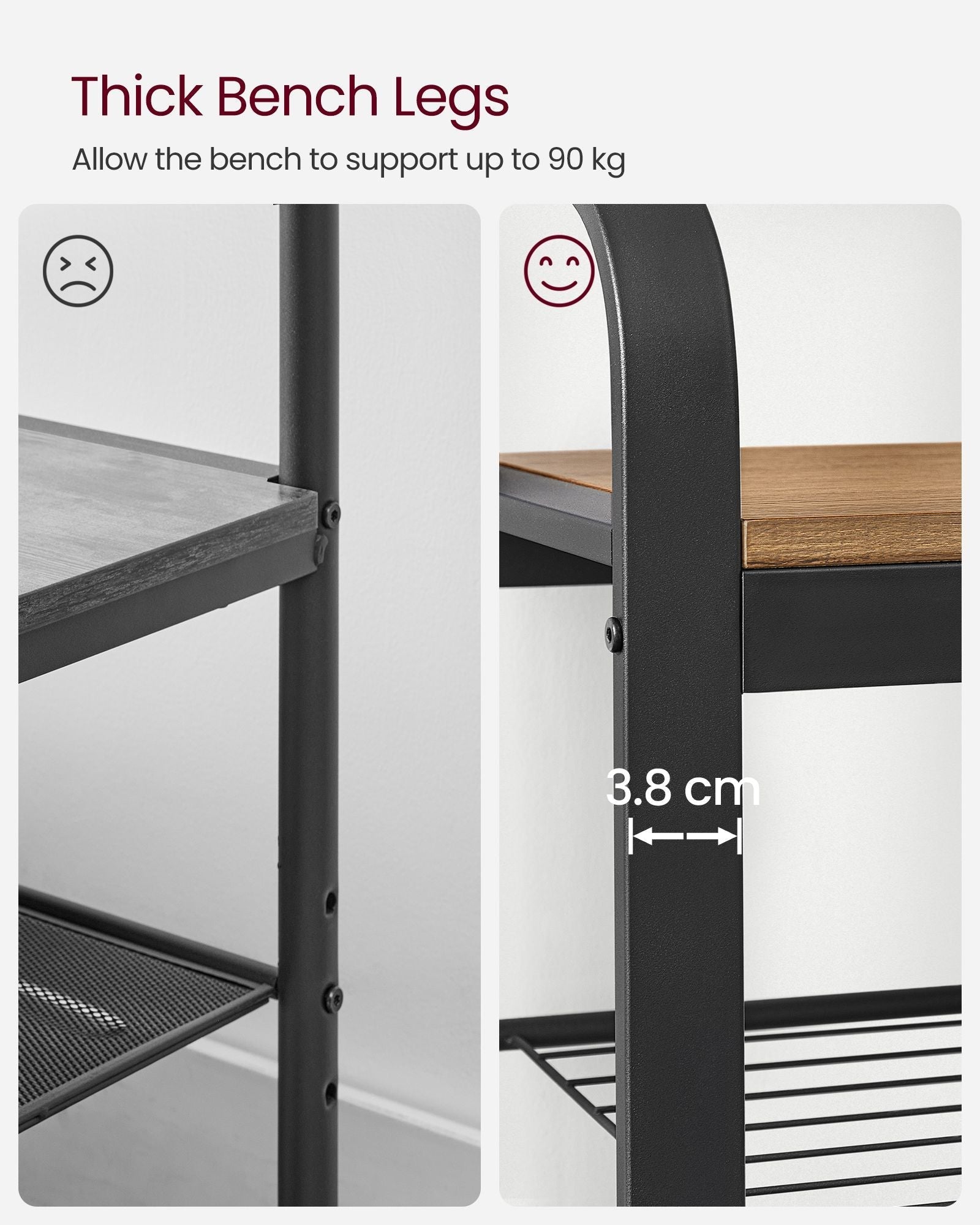 Coat Stand with Shoe Storage Bench - Steel - Rustic Walnut and Black - Free Standing with Removable Hooks