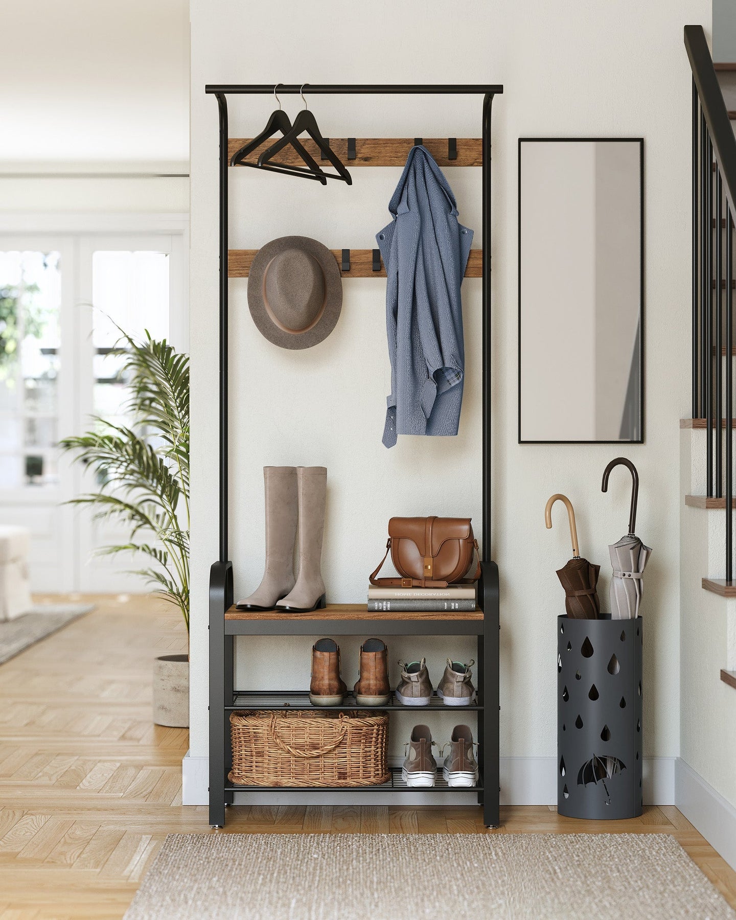 Coat Stand with Shoe Storage Bench - Steel - Rustic Walnut and Black - Free Standing with Removable Hooks
