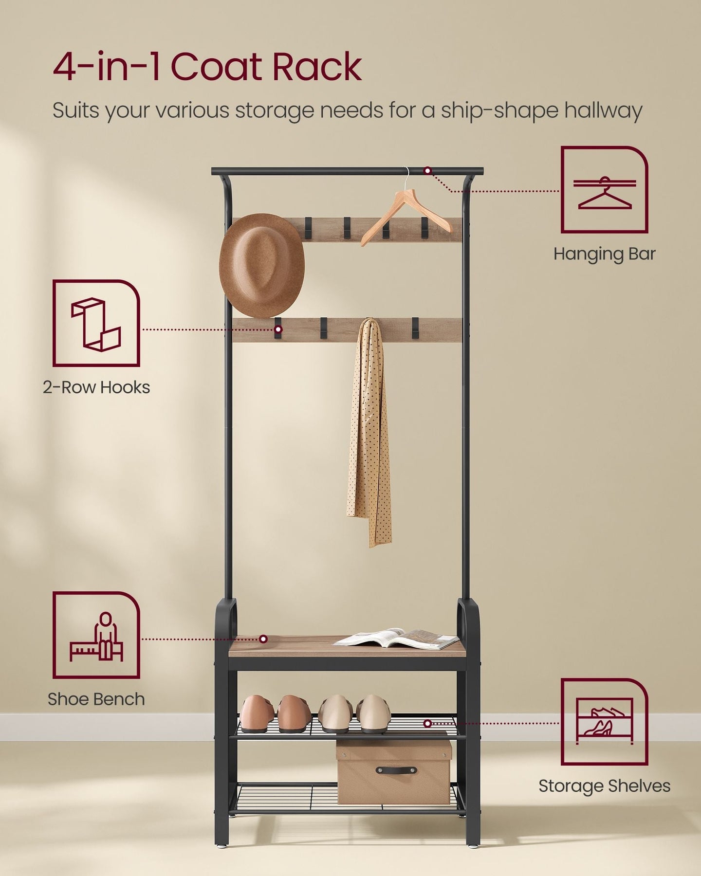 Coat Rack Stand - Steel - Hazelnut Brown and Black - Free Standing with Shoe Storage Bench