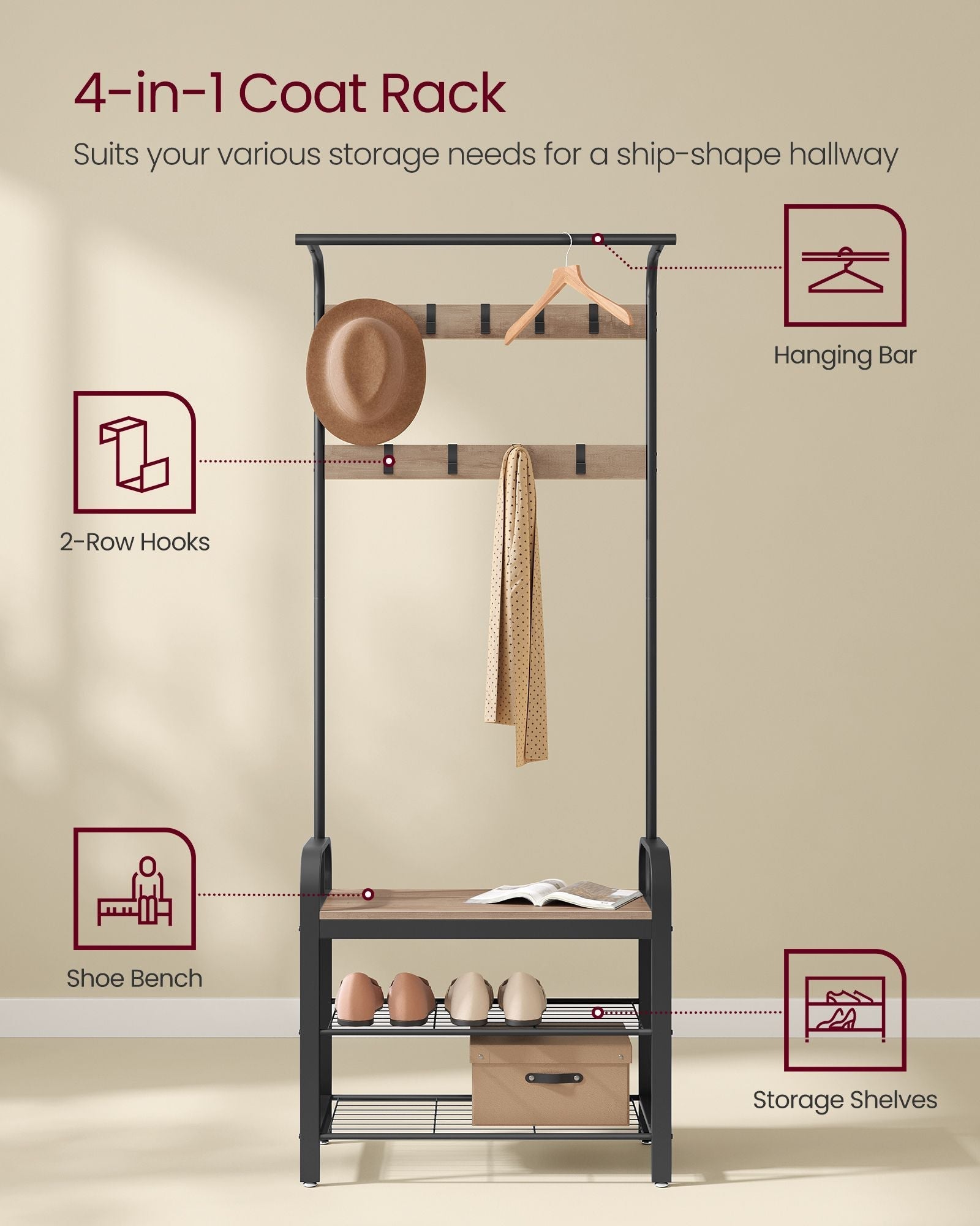 Coat Rack Stand - Steel - Hazelnut Brown and Black - Free Standing with Shoe Storage Bench
