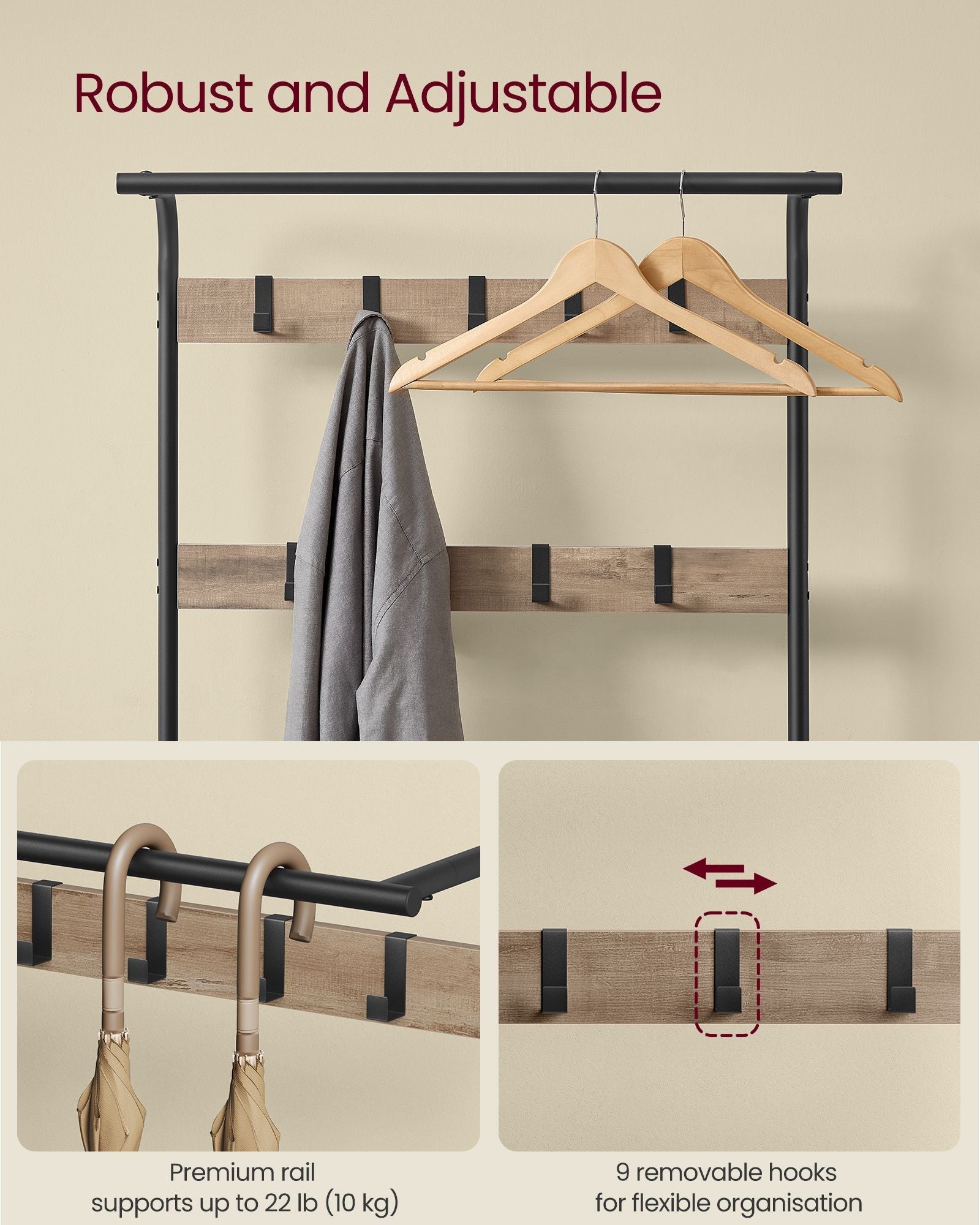 Coat Rack Stand - Steel - Hazelnut Brown and Black - Free Standing with Shoe Storage Bench