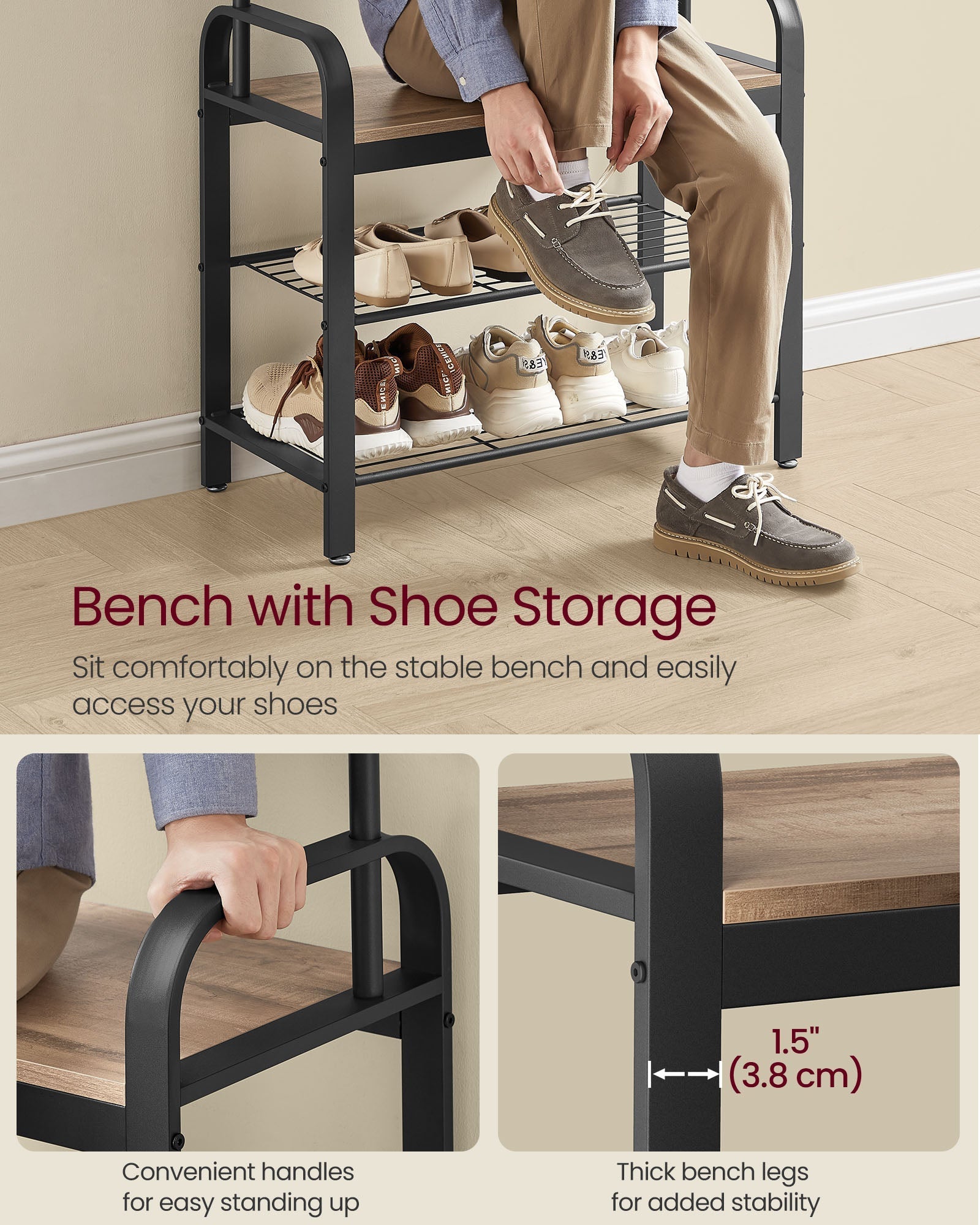 Coat Rack Stand - Steel - Hazelnut Brown and Black - Free Standing with Shoe Storage Bench