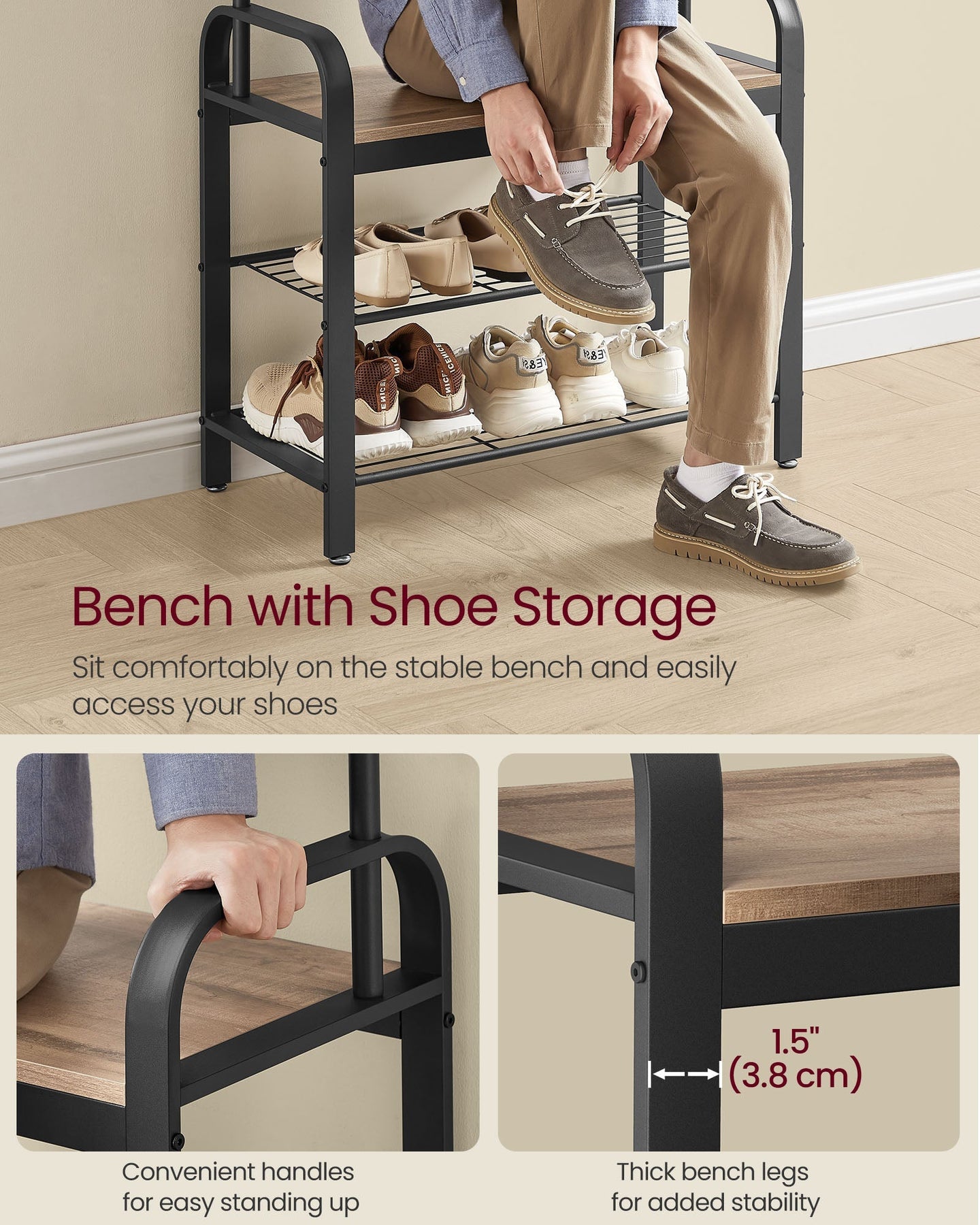 Coat Rack Stand - Steel - Hazelnut Brown and Black - Free Standing with Shoe Storage Bench