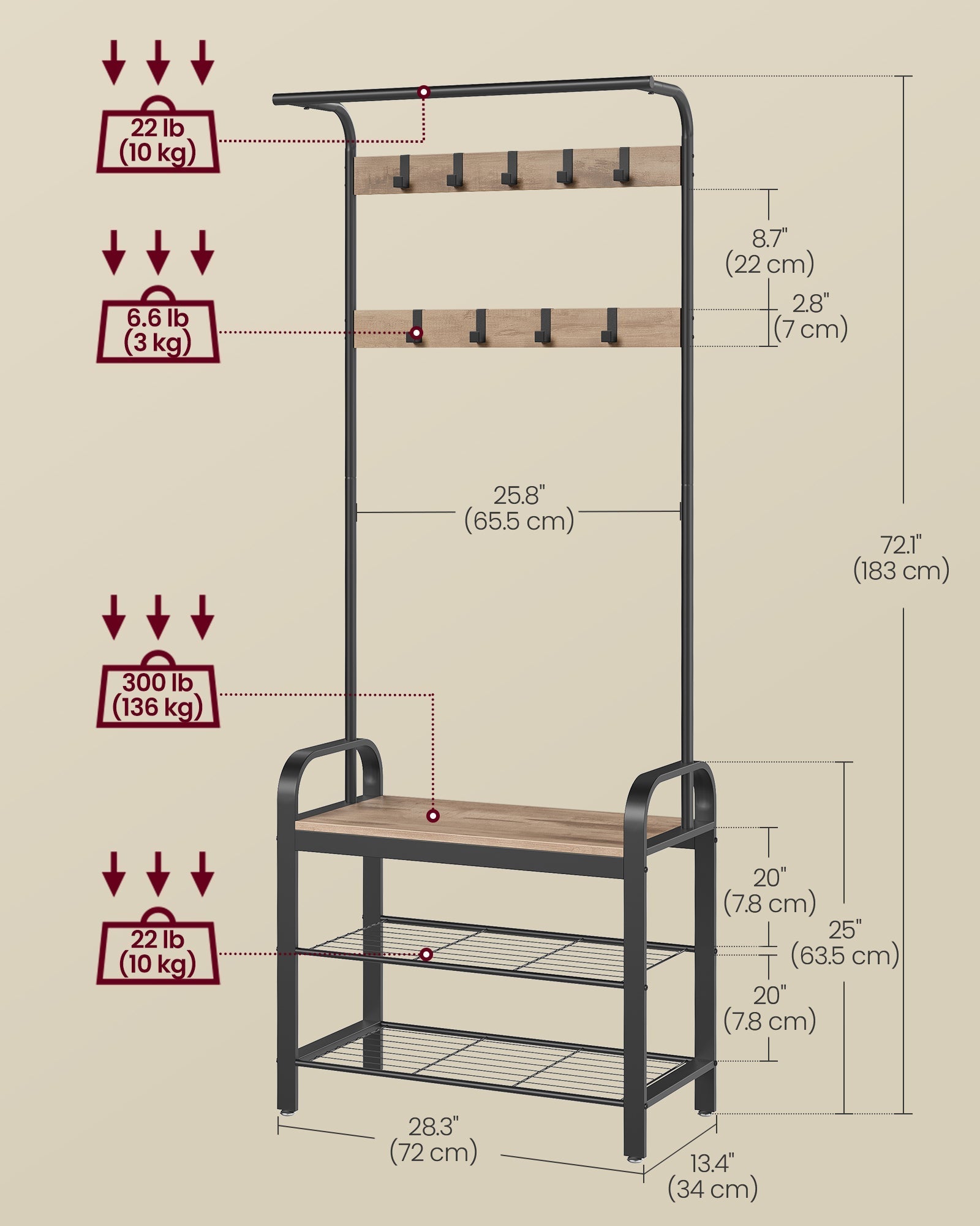 Coat Rack Stand - Steel - Hazelnut Brown and Black - Free Standing with Shoe Storage Bench