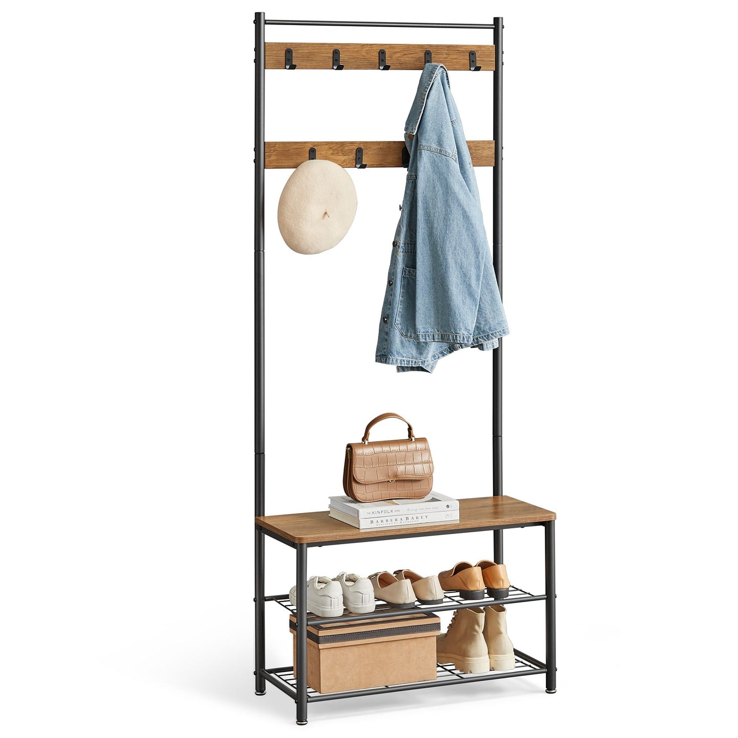 Coat Rack - Wood - Walnut Brown and Black - Multi-functional with Shelves and Seating