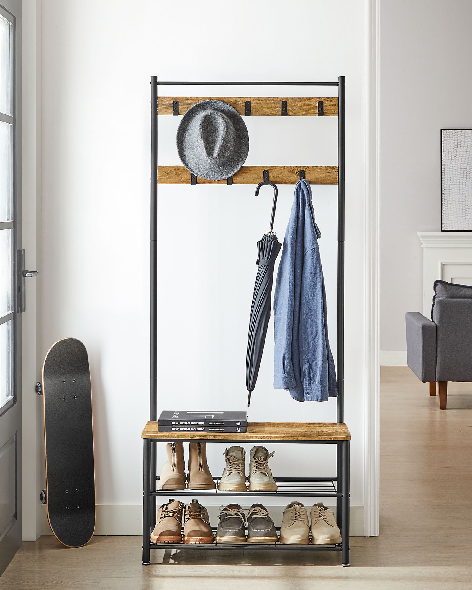 Coat Rack - Wood - Walnut Brown and Black - Multi-functional with Shelves and Seating