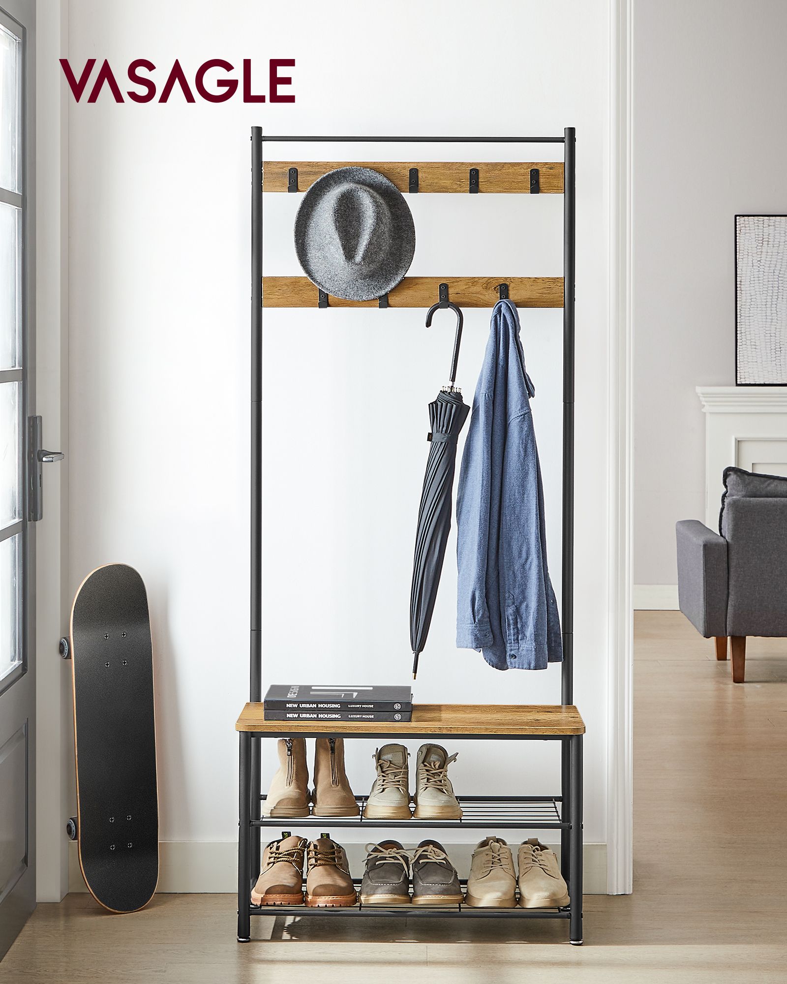 Coat Rack - Wood - Walnut Brown and Black - Multi-functional with Shelves and Seating
