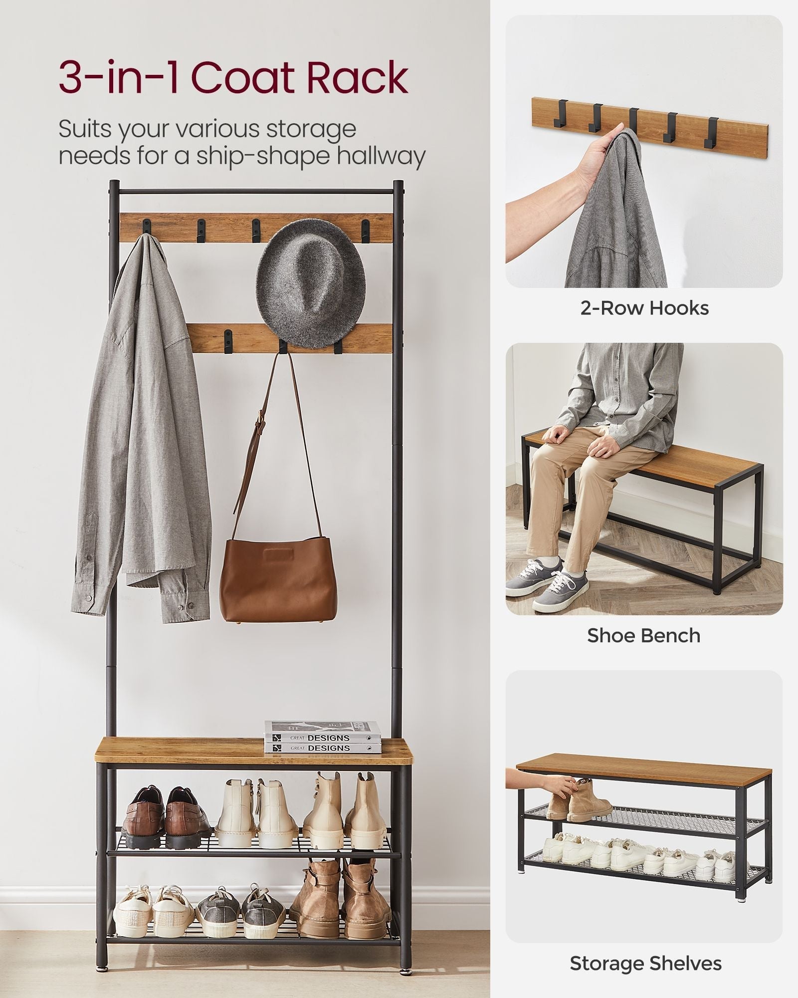 Coat Rack Stand - Wood - Rustic Walnut and Black - With Shoe Storage Bench