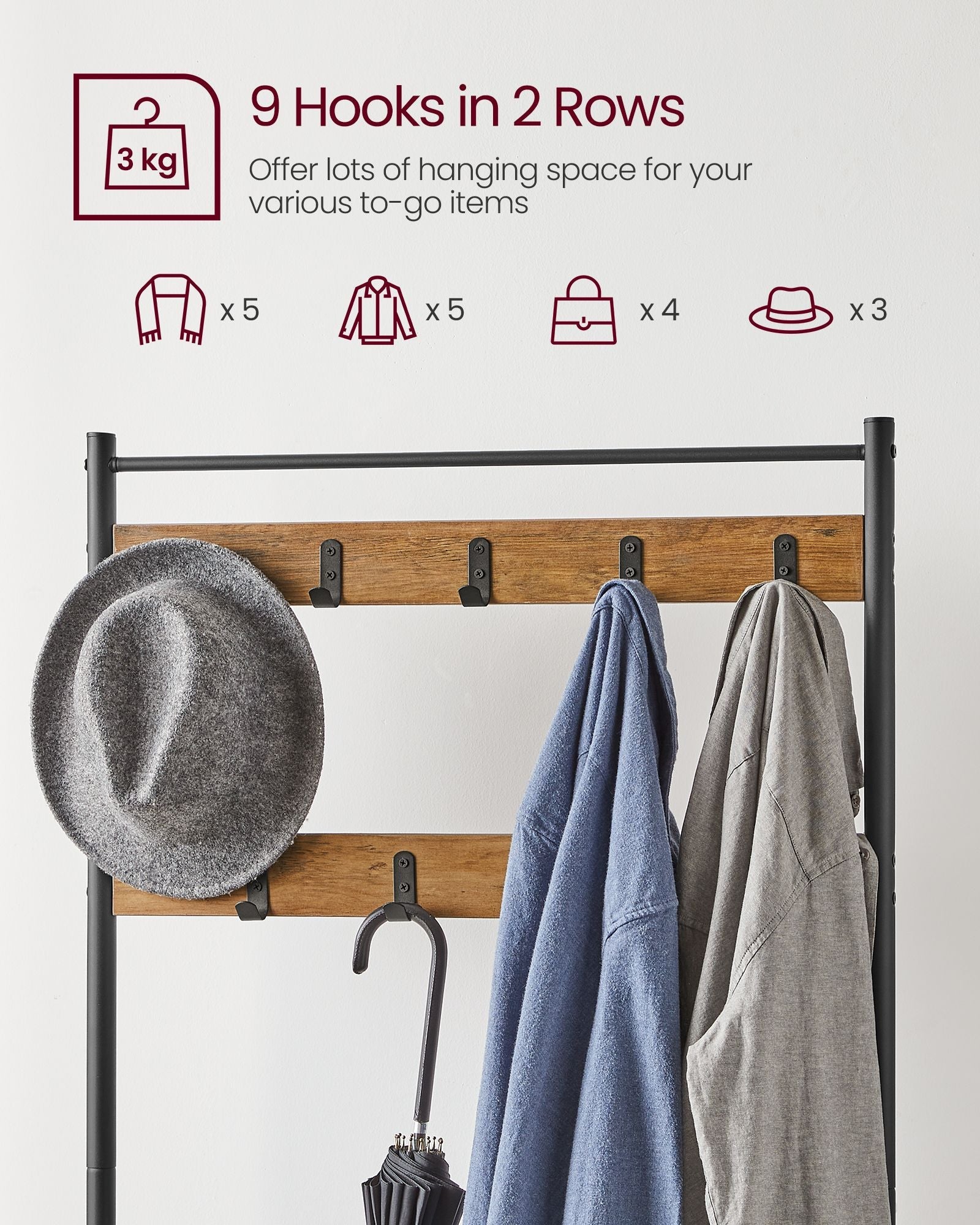 Coat Rack Stand - Wood - Rustic Walnut and Black - With Shoe Storage Bench