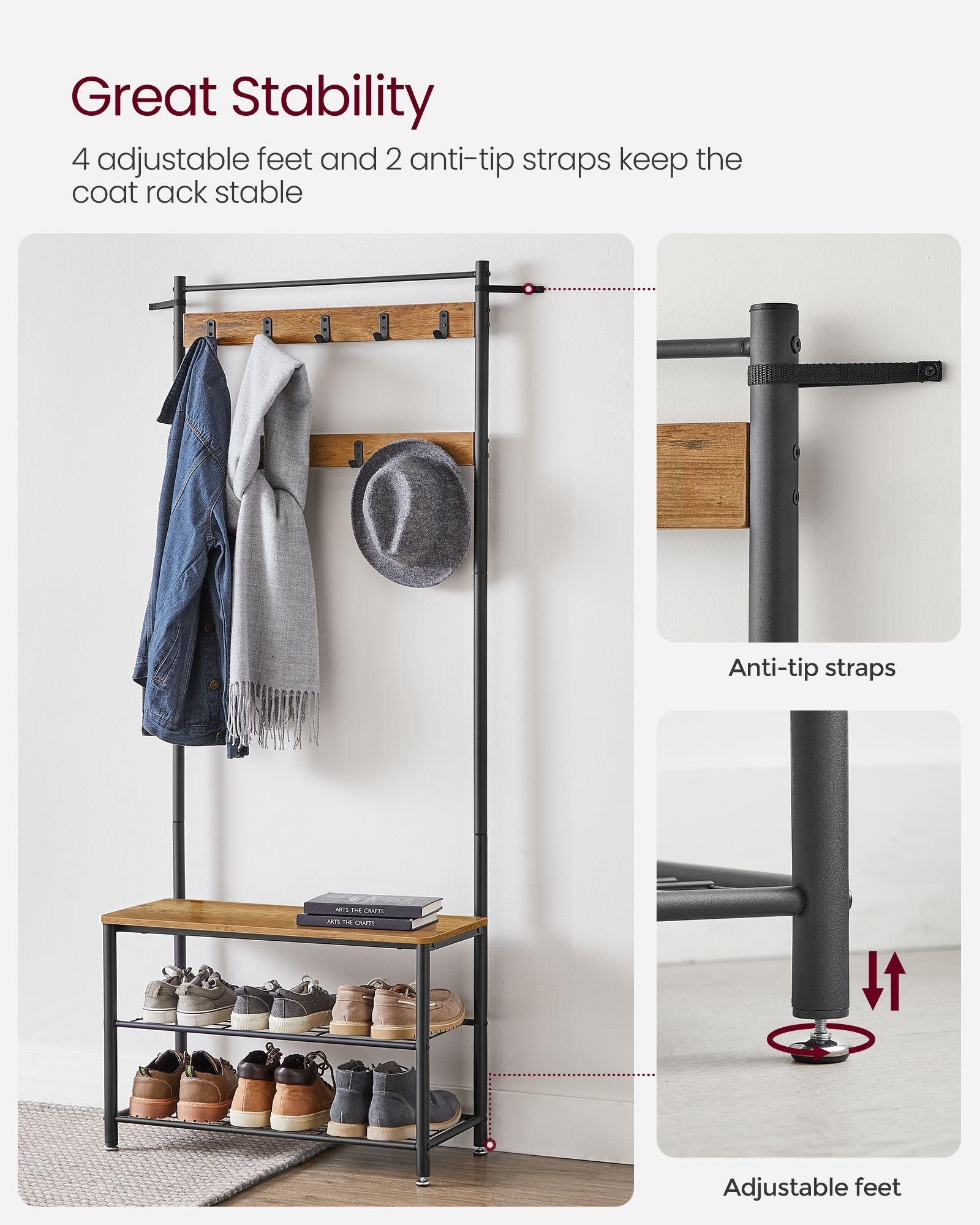Coat Rack Stand - Wood - Rustic Walnut and Black - With Shoe Storage Bench