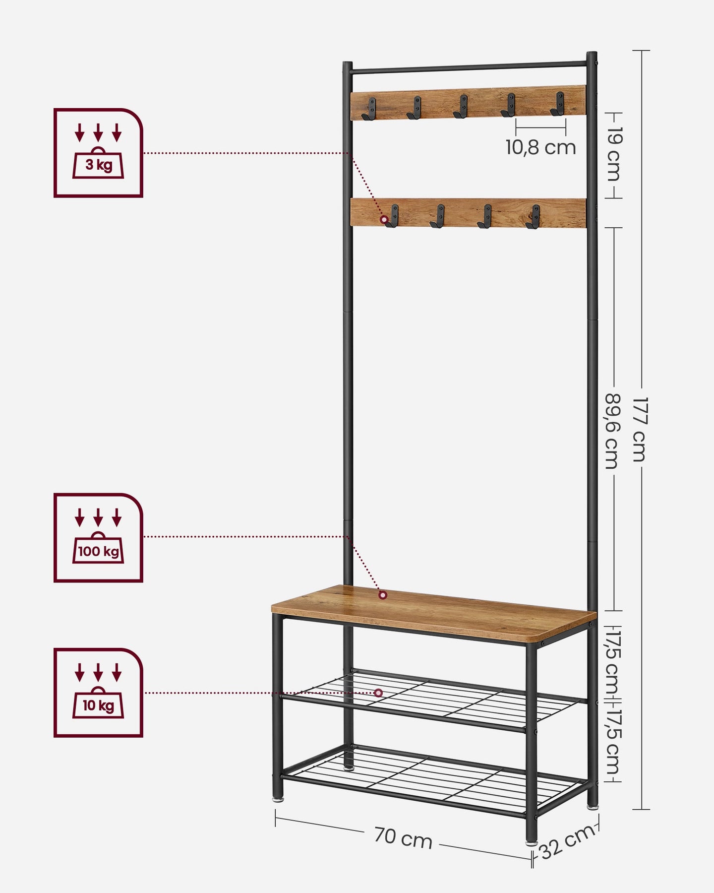Coat Rack - Wood - Walnut Brown and Black - Multi-functional with Shelves and Seating