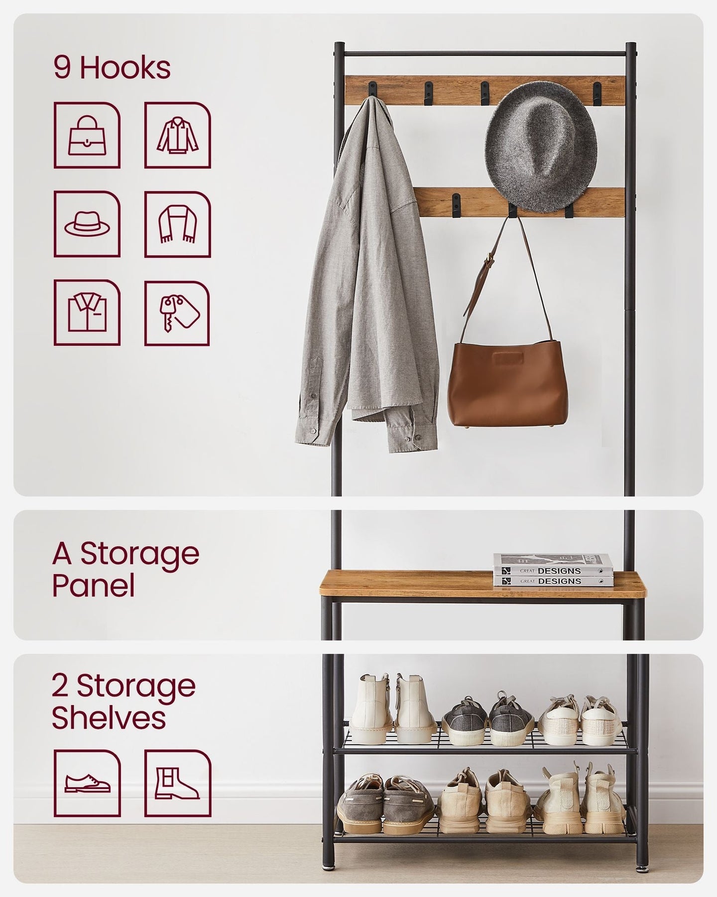 Coat Rack Stand - Wood - Rustic Walnut and Black - With Shoe Storage Bench