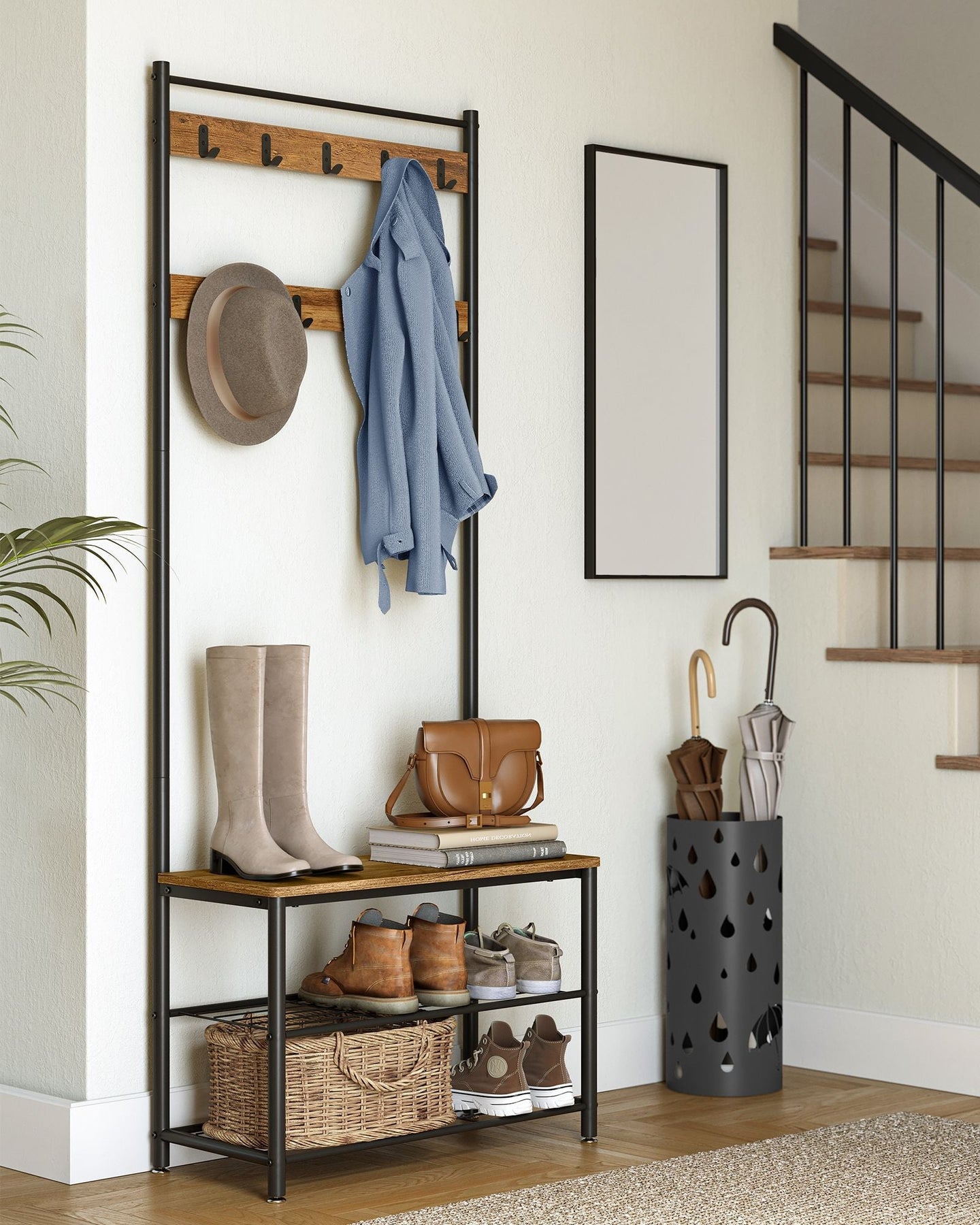 Coat Rack Stand - Wood - Rustic Walnut and Black - With Shoe Storage Bench