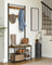 Coat Rack Stand - Wood - Rustic Walnut and Black - With Shoe Storage Bench