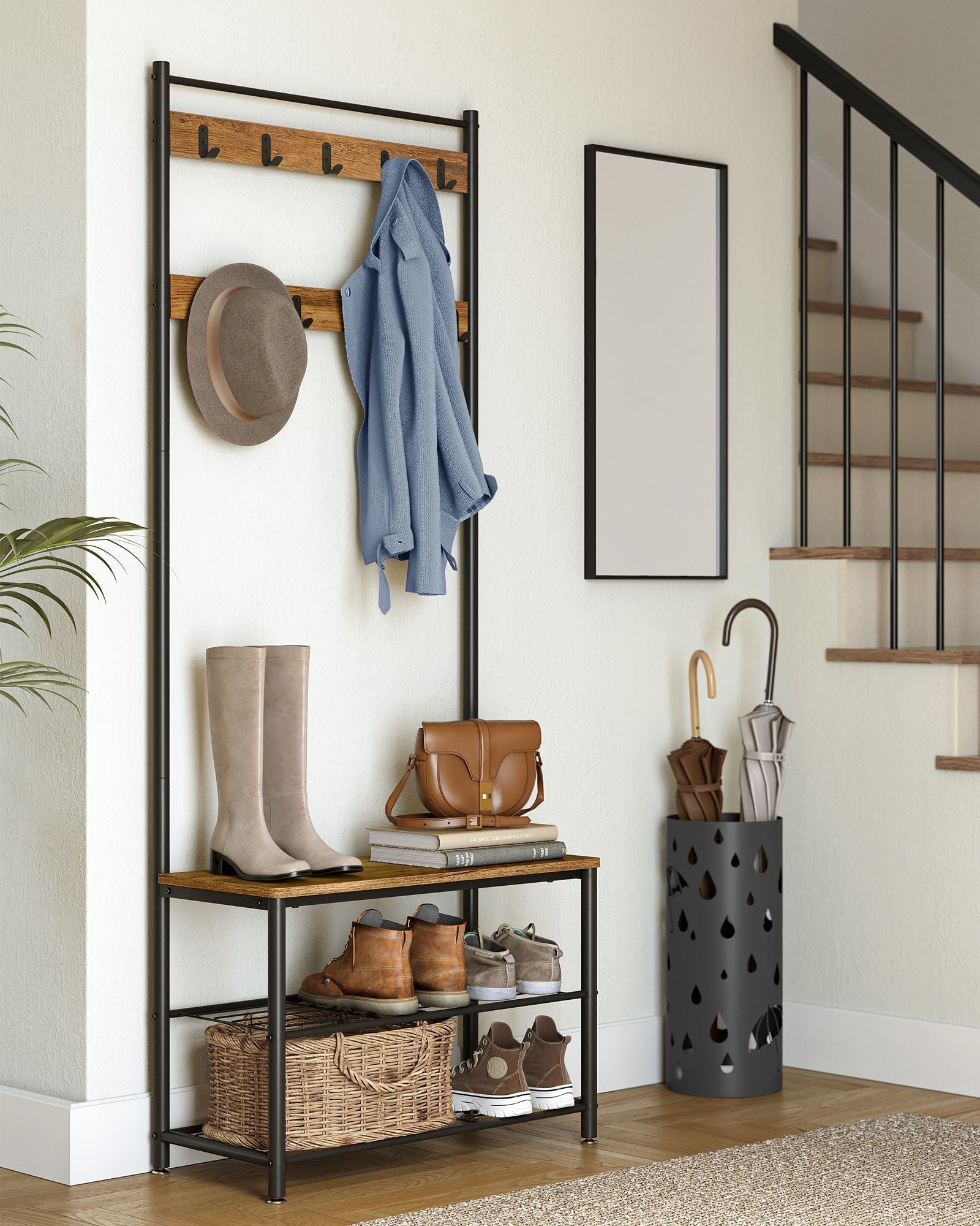 Coat Rack - Wood - Walnut Brown and Black - Multi-functional with Shelves and Seating