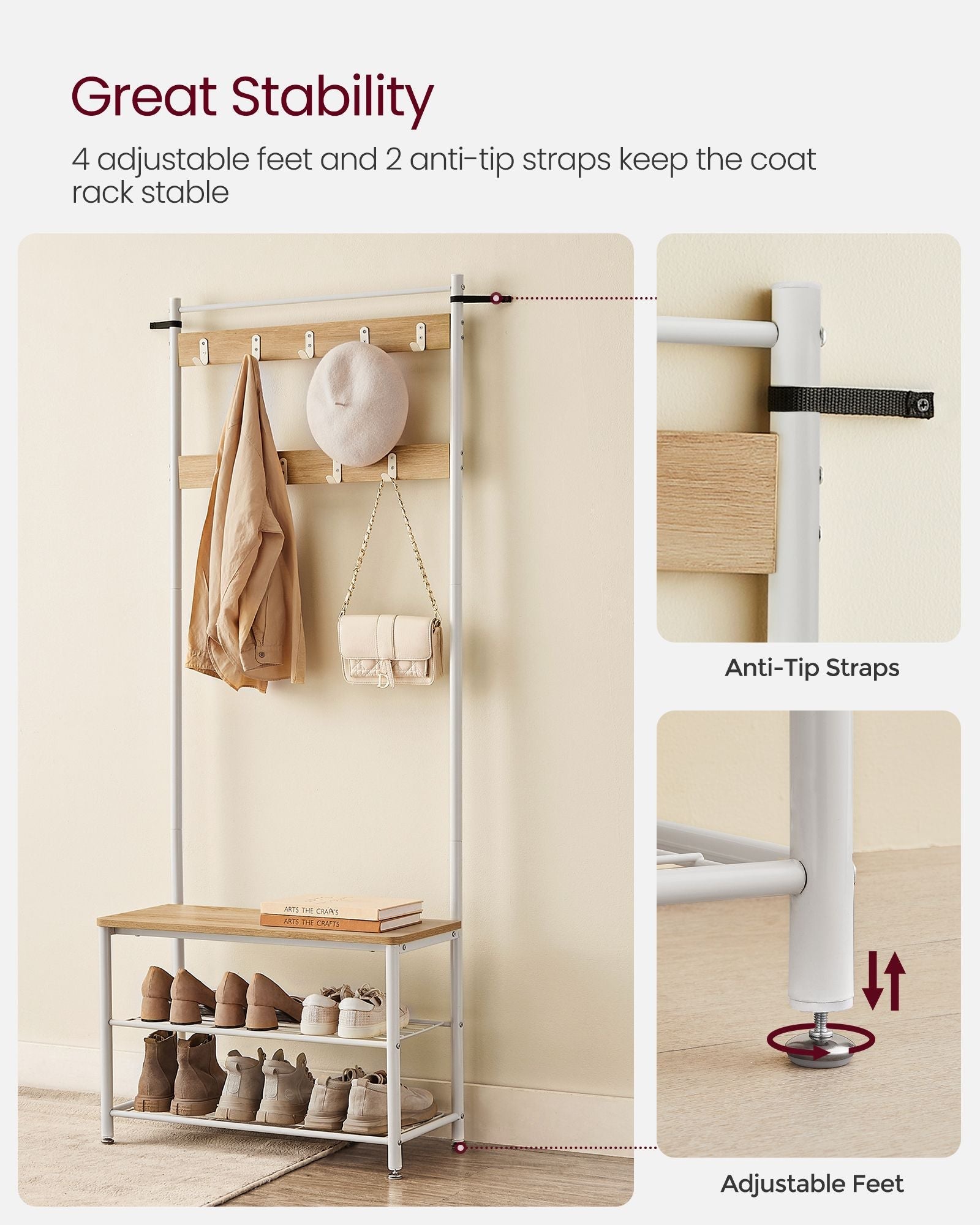 Coat Stand - Wood - Natural - With Shoe Storage Bench