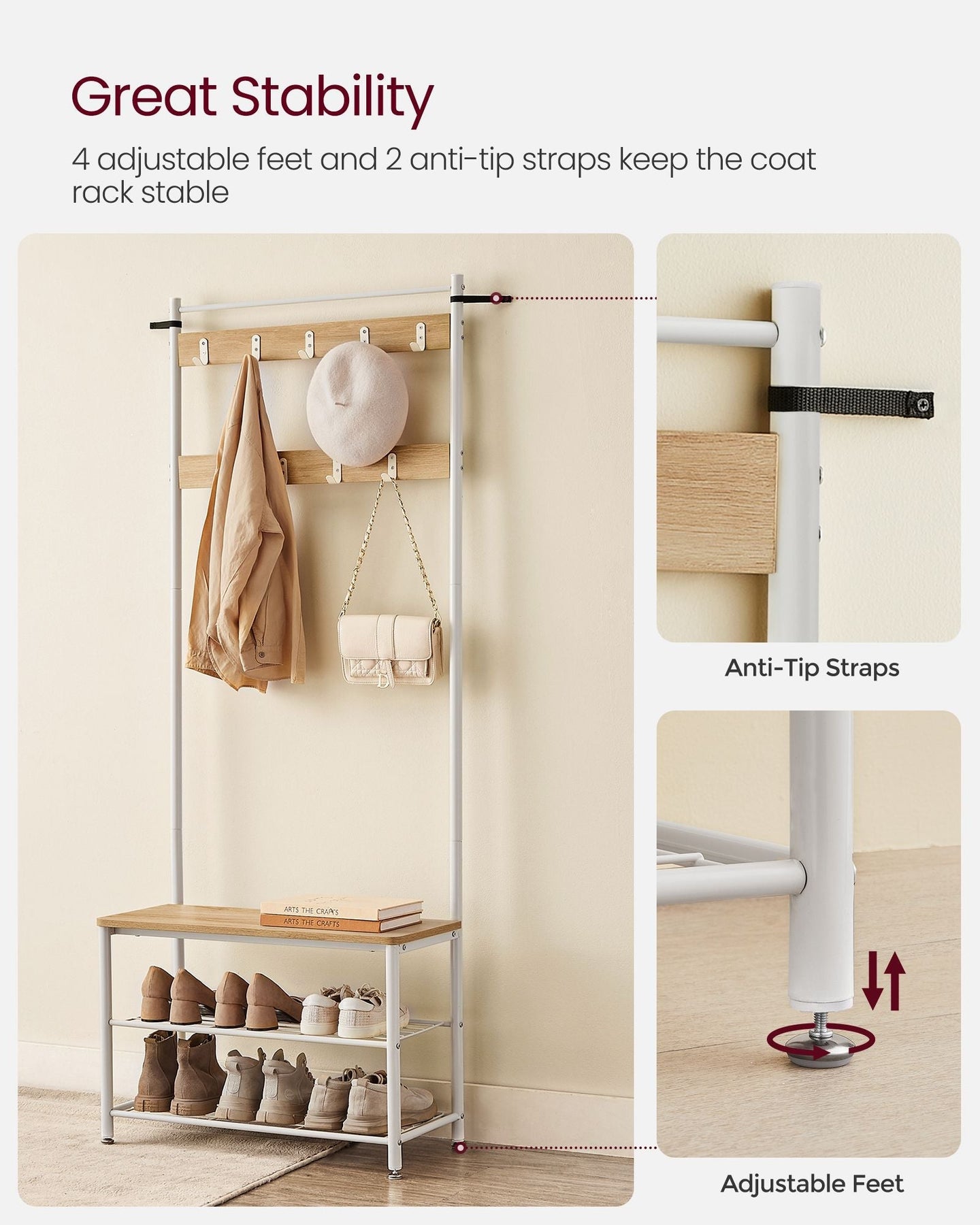 Coat Stand - Wood - Natural - With Shoe Storage Bench