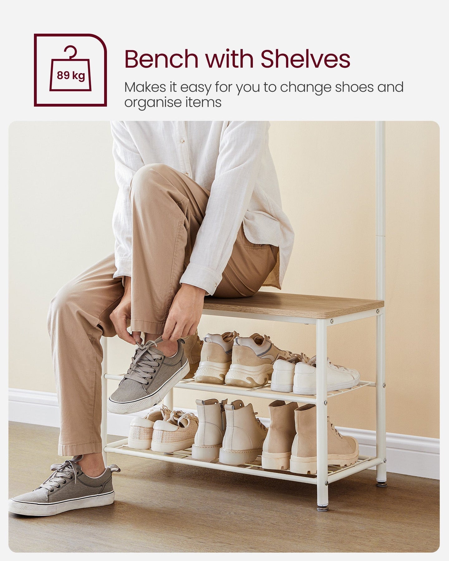 Coat Stand - Wood - Natural - With Shoe Storage Bench
