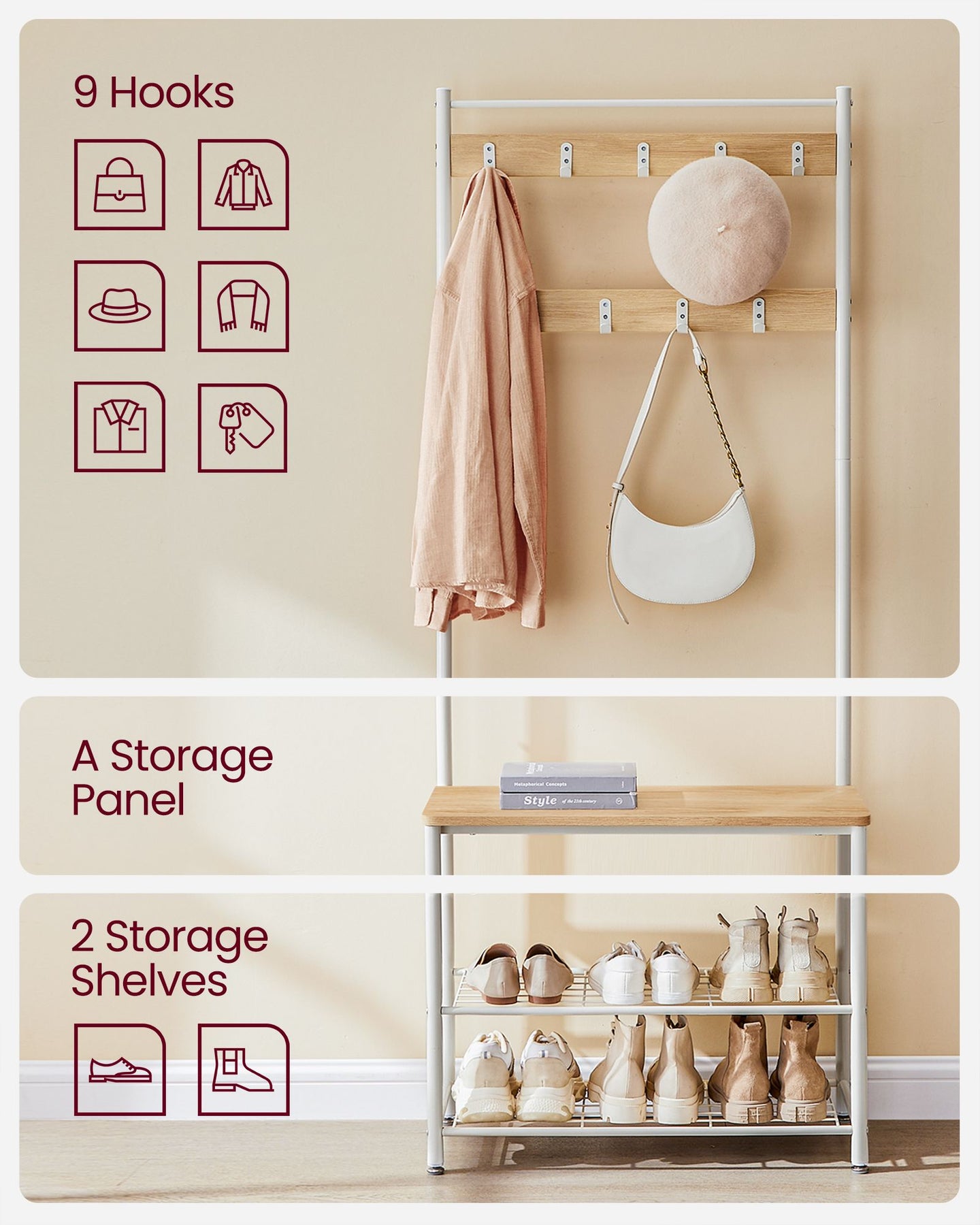 Coat Stand - Wood - Natural - With Shoe Storage Bench