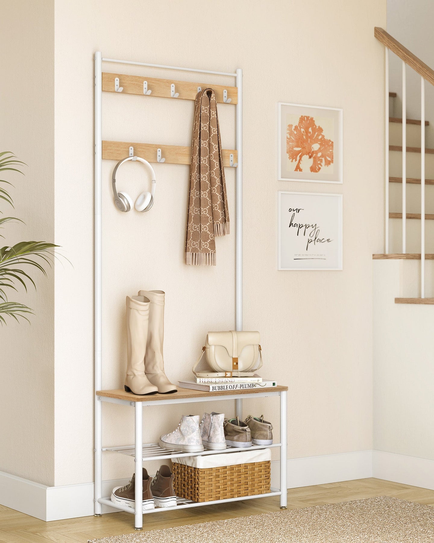 Coat Stand - Wood - Natural - With Shoe Storage Bench