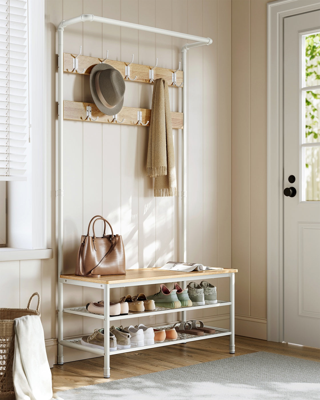 Coat Rack Stand with Bench and Shoe Storage - 41.5L - Particleboard - 9 Hooks