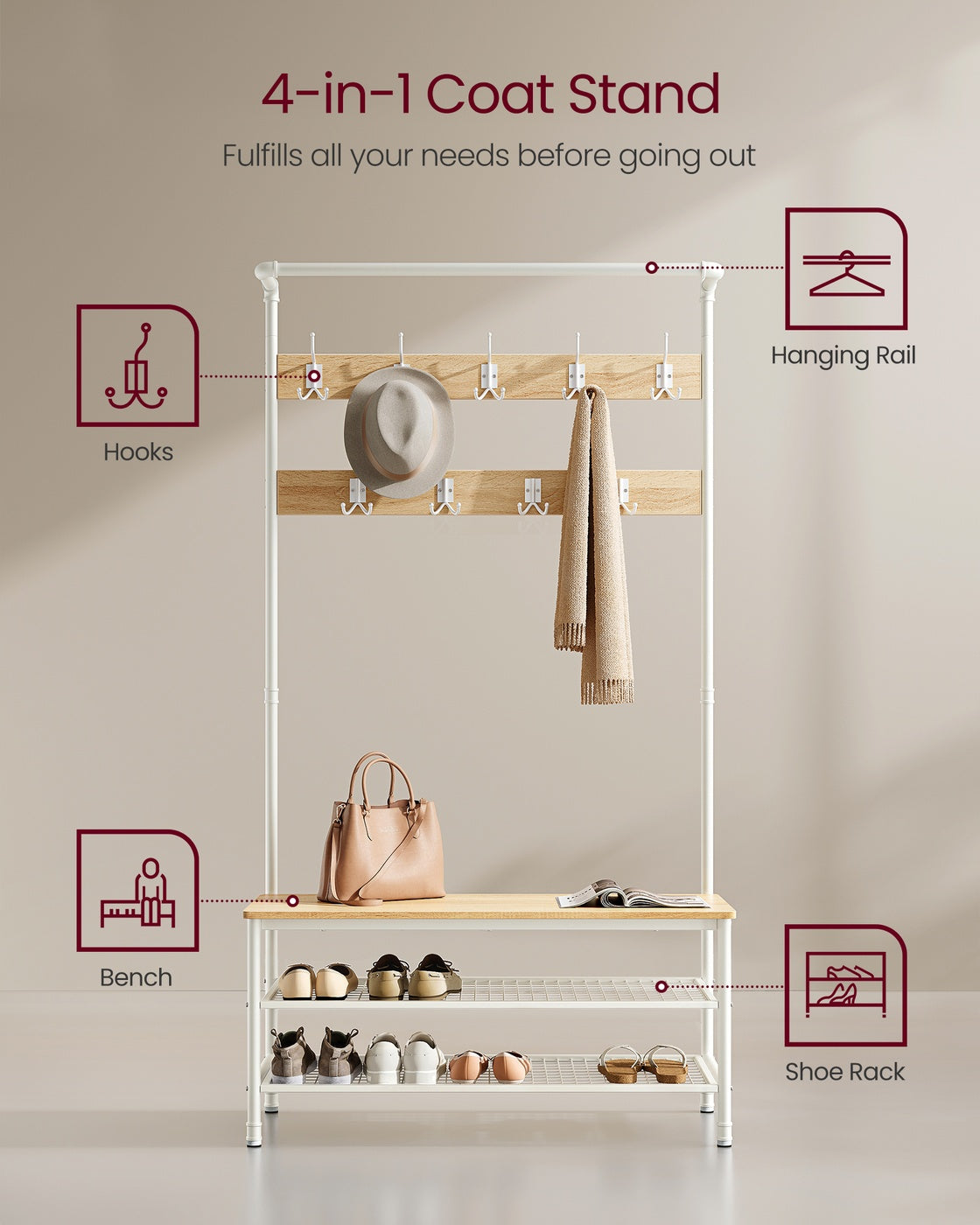 Coat Rack Stand with Bench and Shoe Storage - 41.5L - Particleboard - 9 Hooks