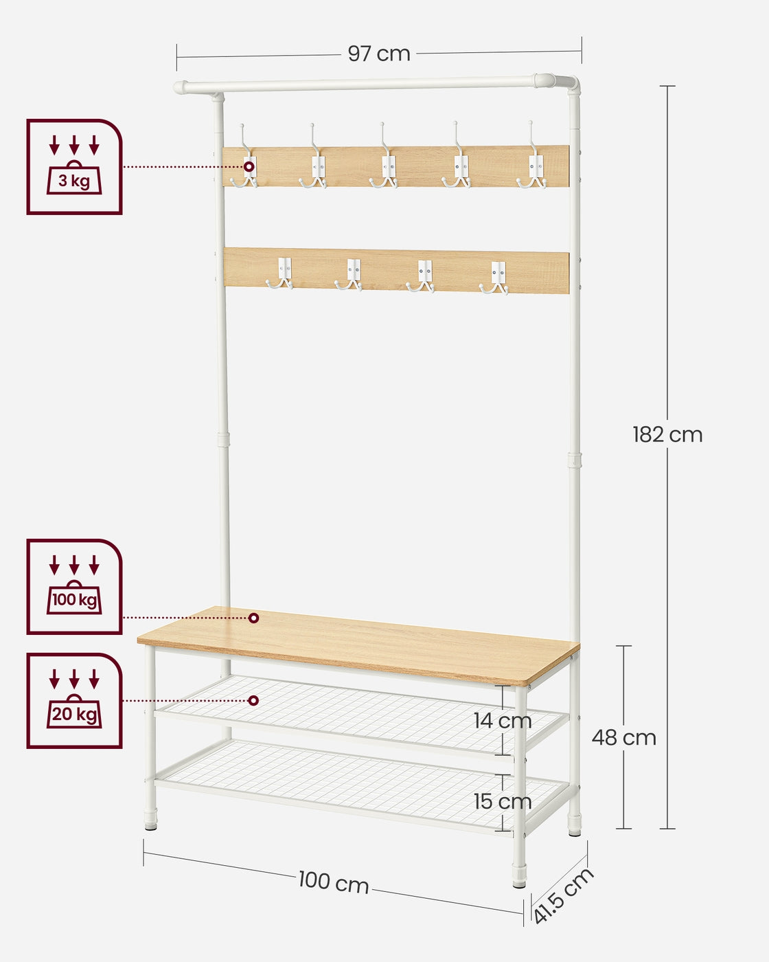 Coat Rack Stand with Bench and Shoe Storage - 41.5L - Particleboard - 9 Hooks