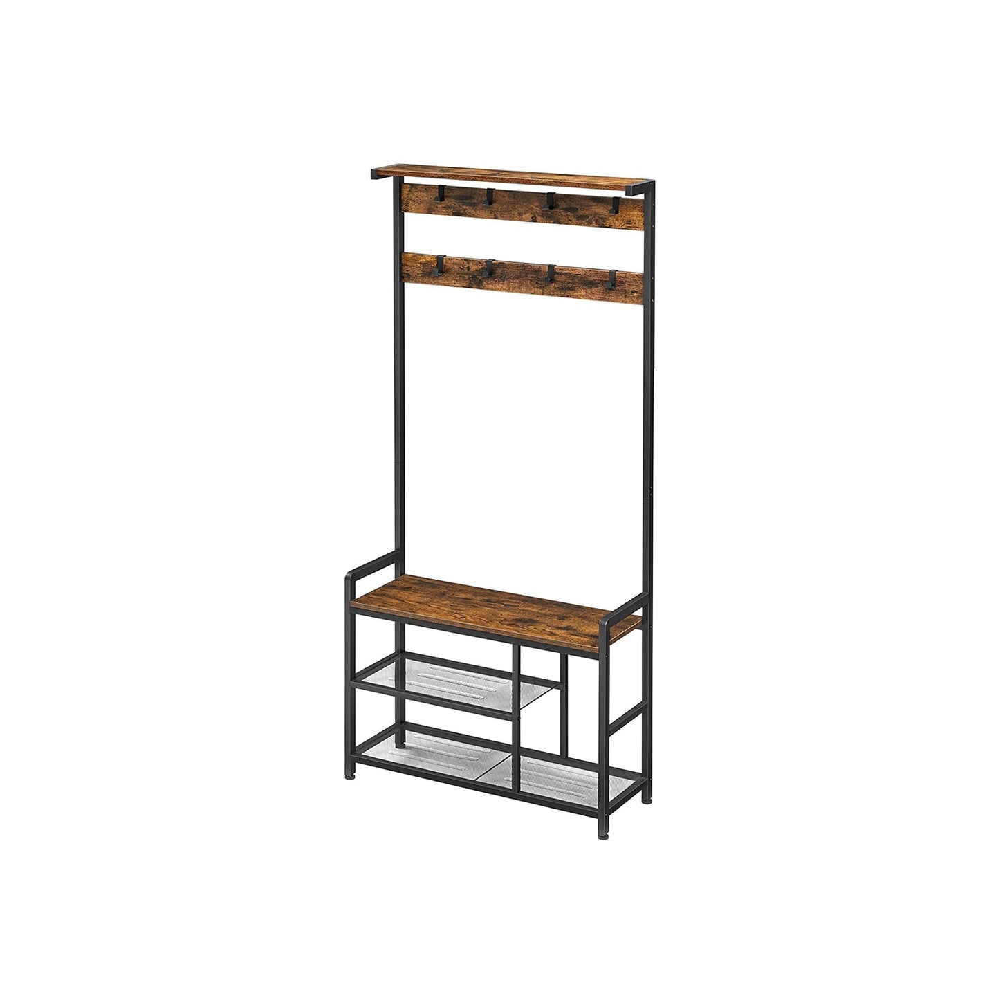 Coat Rack - Steel Frame - Rustic Brown and Black - Hall Tree with 8 Hooks and Shoe Bench