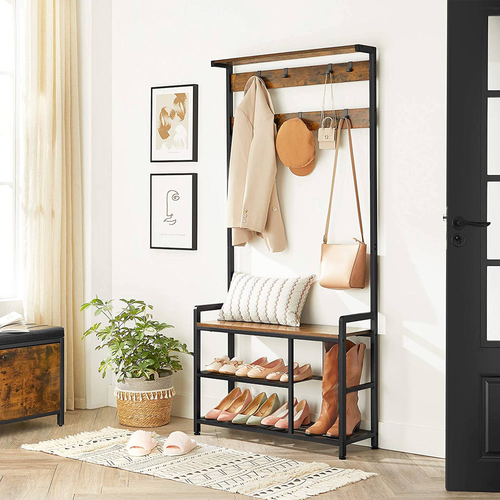 Coat Rack - Steel Frame - Rustic Brown and Black - Hall Tree with 8 Hooks and Shoe Bench