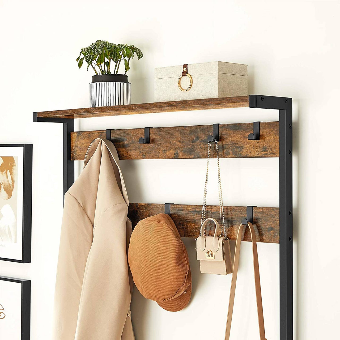 Coat Rack - Steel Frame - Rustic Brown and Black - Hall Tree with 8 Hooks and Shoe Bench