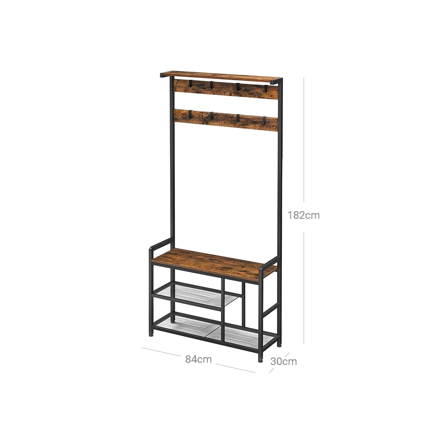 Coat Rack - Steel Frame - Rustic Brown and Black - Hall Tree with 8 Hooks and Shoe Bench