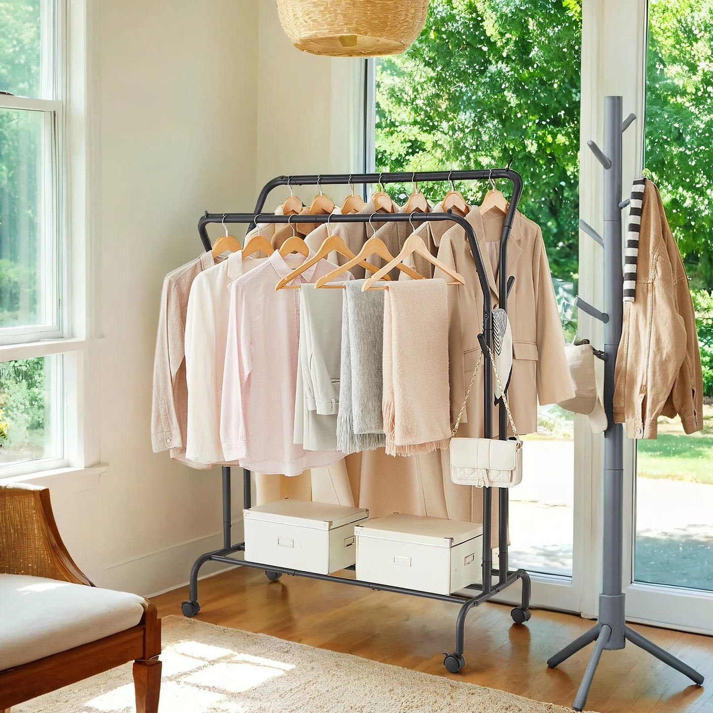 Clothing Rack - Metal - Black - Double-Rod with Wheels and Shelf