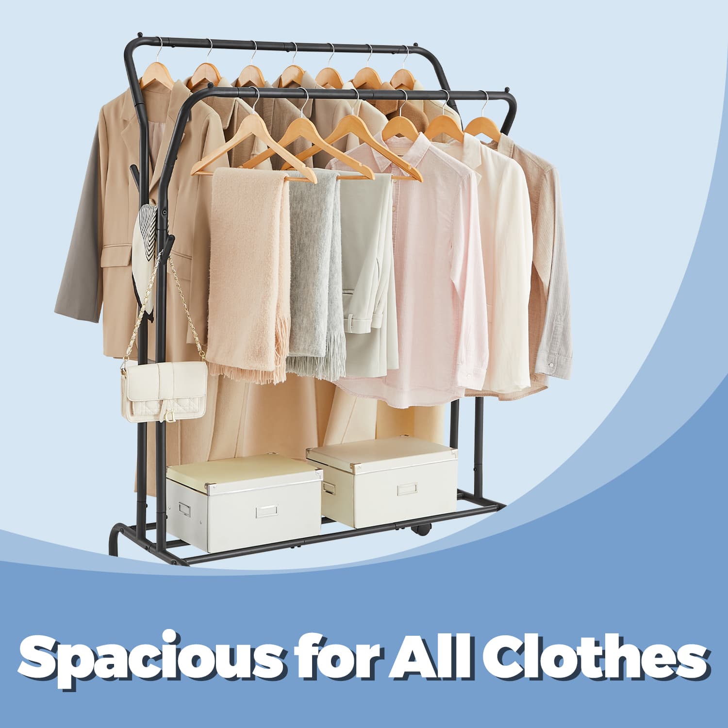 Clothing Rack - Metal - Black - Double-Rod with Wheels and Shelf