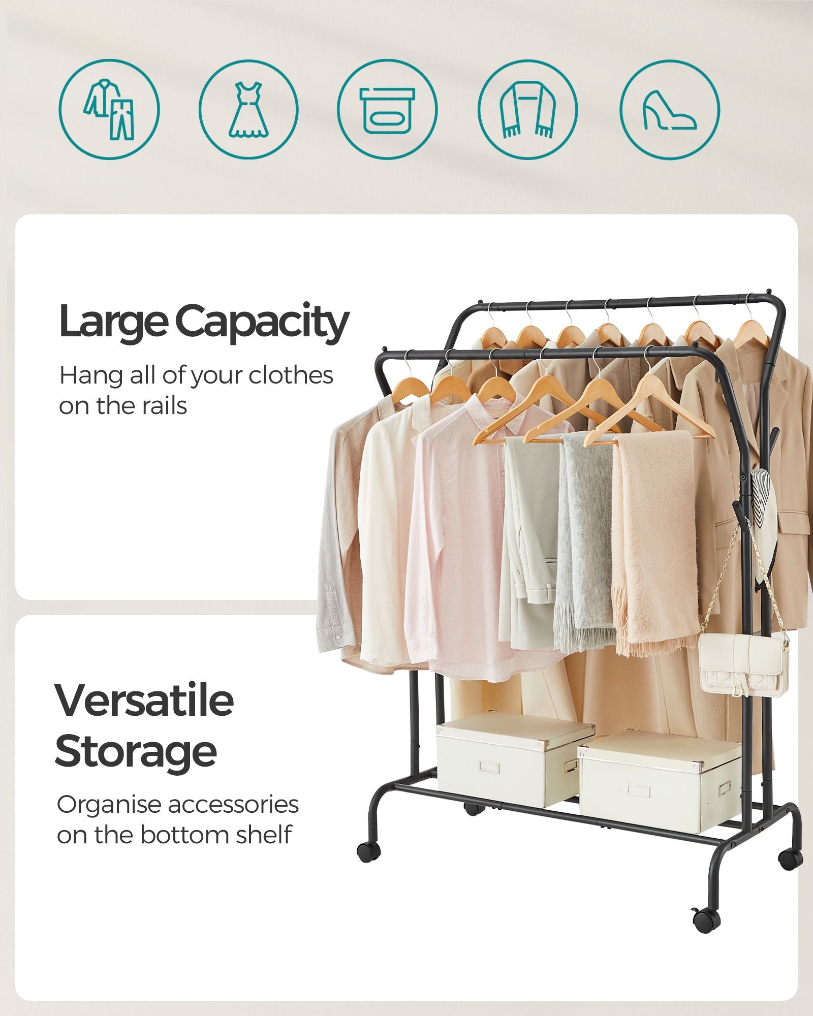 Double-Rail Clothes Rack - Heavy-Duty Metal - Black - Mobile with Shelf