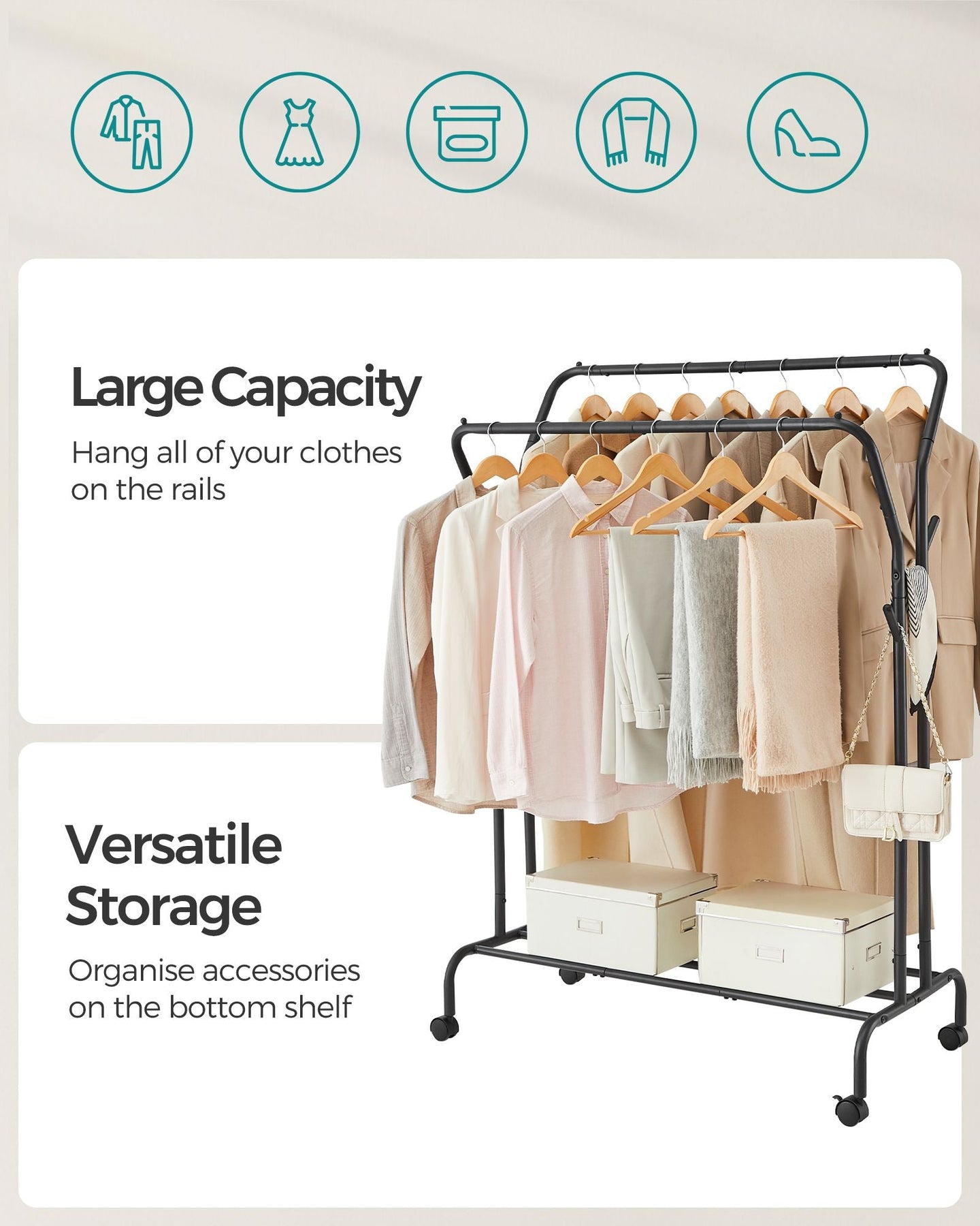 Double-Rail Clothes Rack - Heavy-Duty Metal - Black - Mobile with Shelf