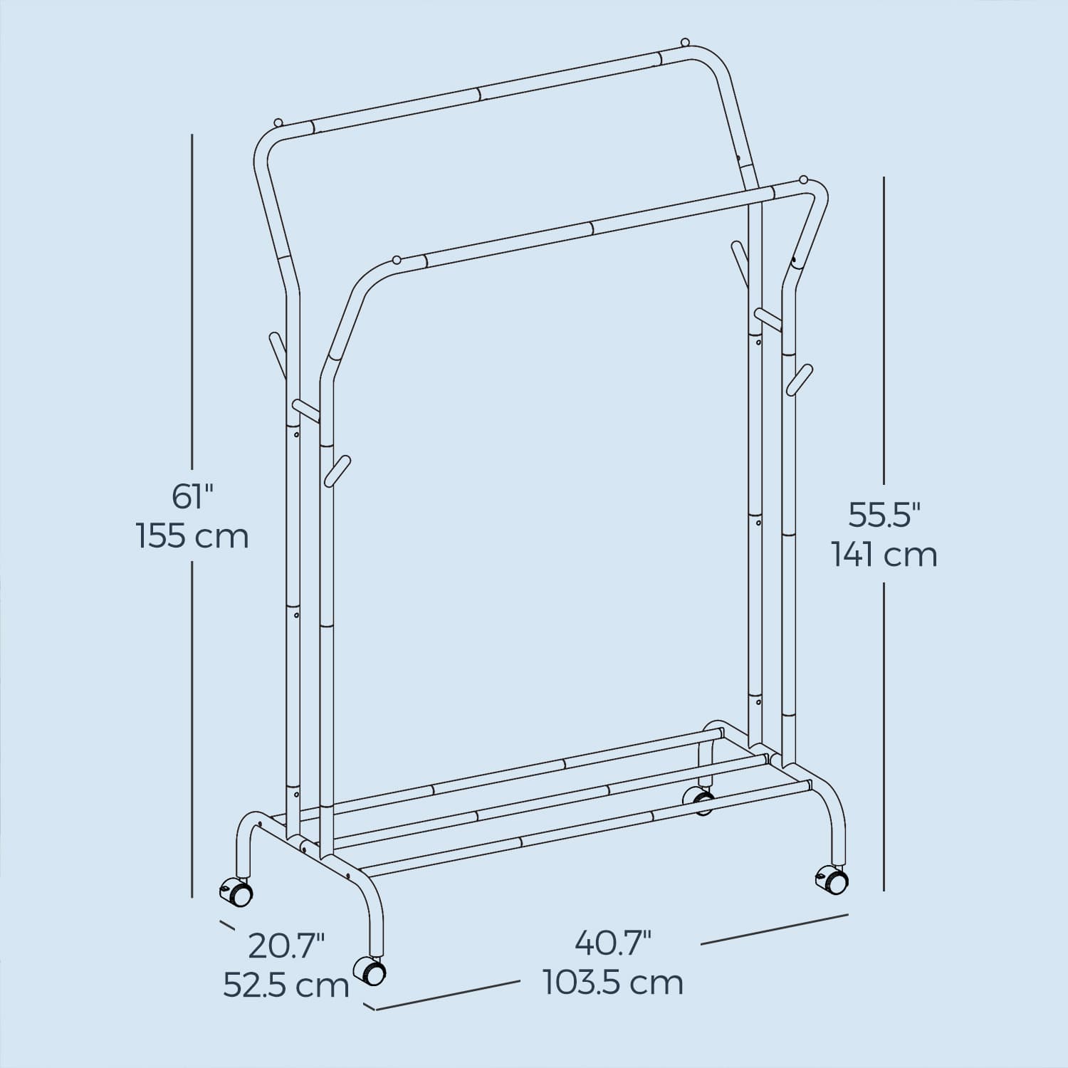 Clothing Rack - Metal - Black - Double-Rod with Wheels and Shelf