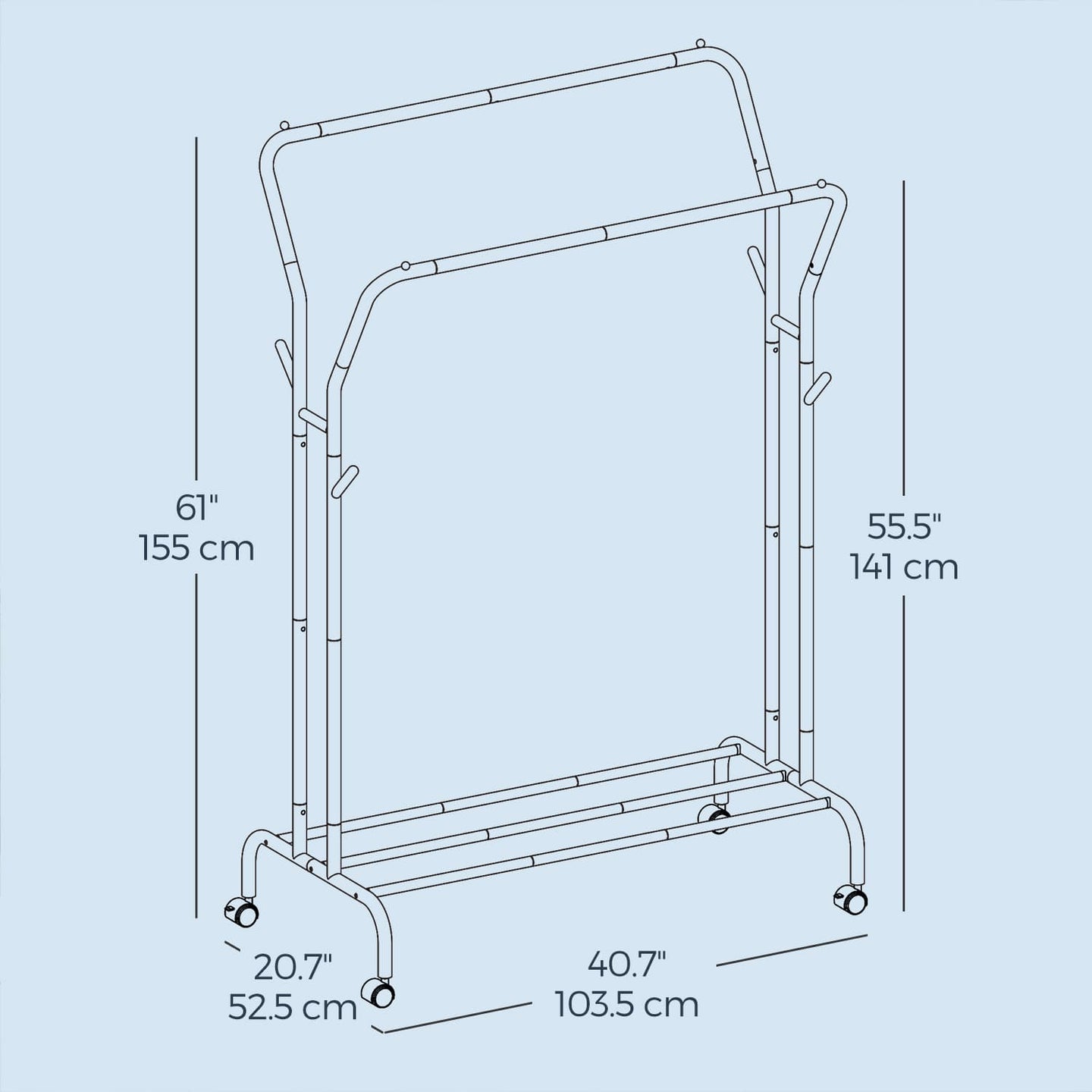 Clothing Rack - Metal - Black - Double-Rod with Wheels and Shelf